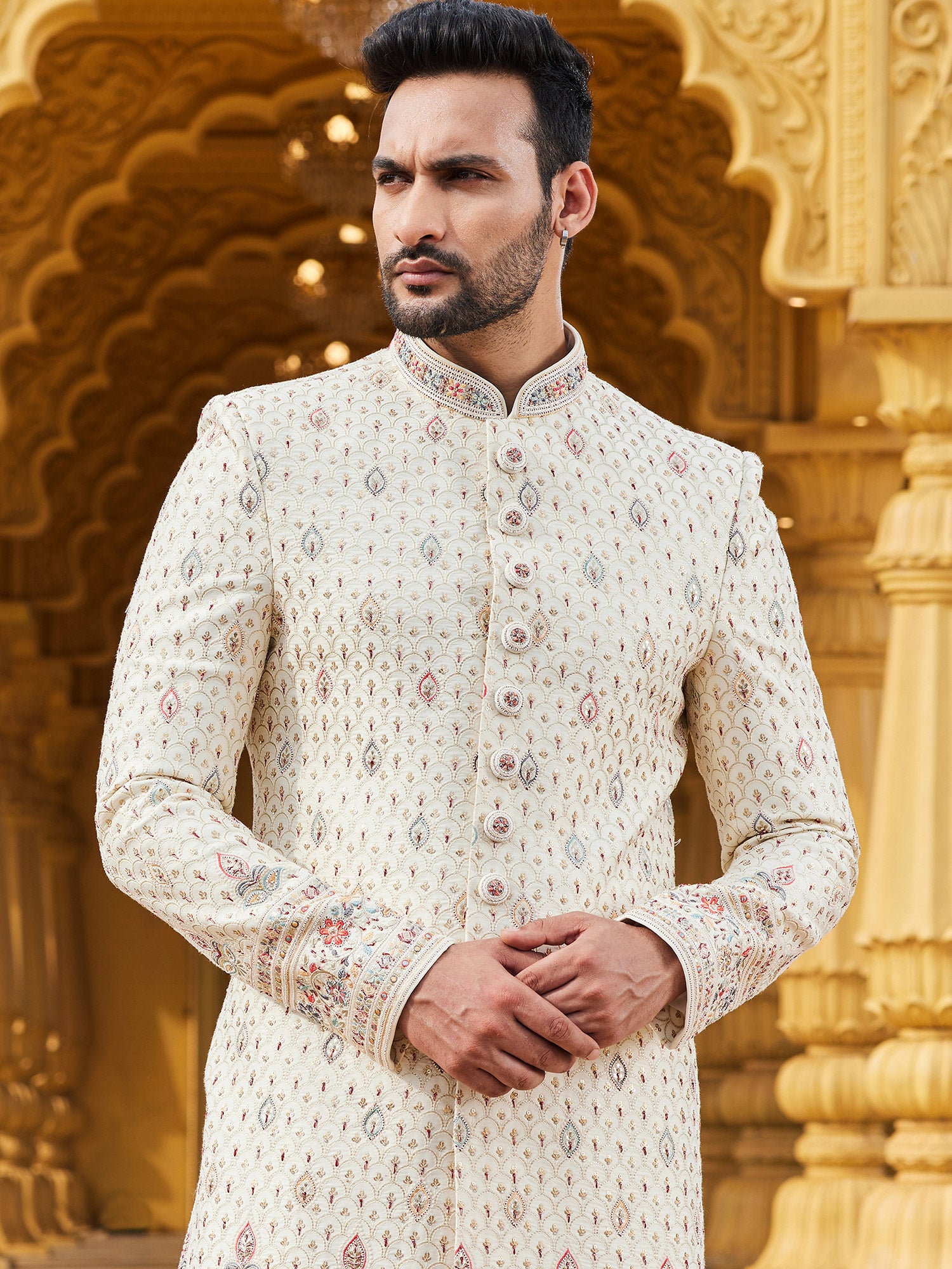 Cream Wedding Embroiderd Sherwani For Mens