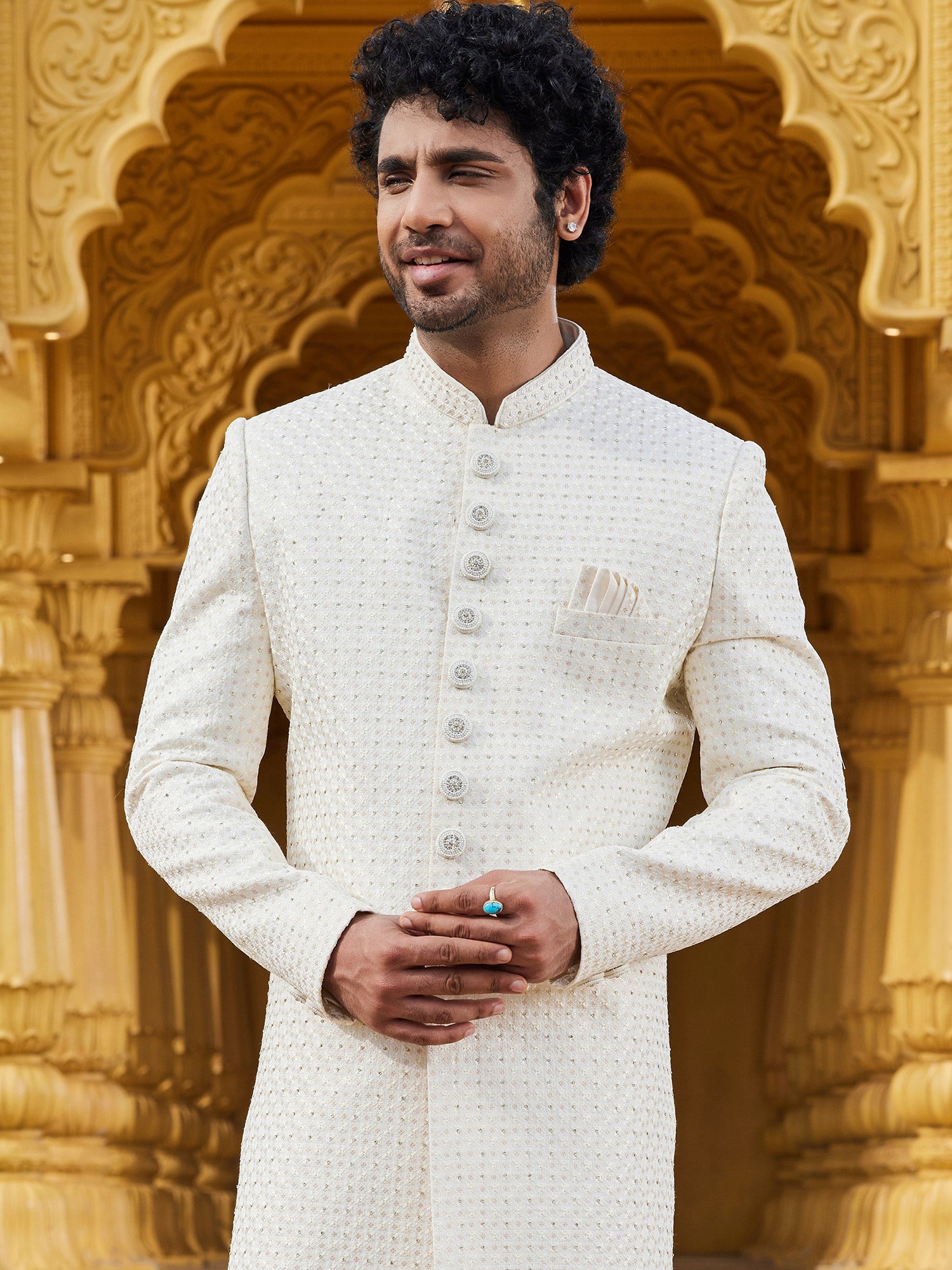 White Silk Woven Mens Wedding Sherwani