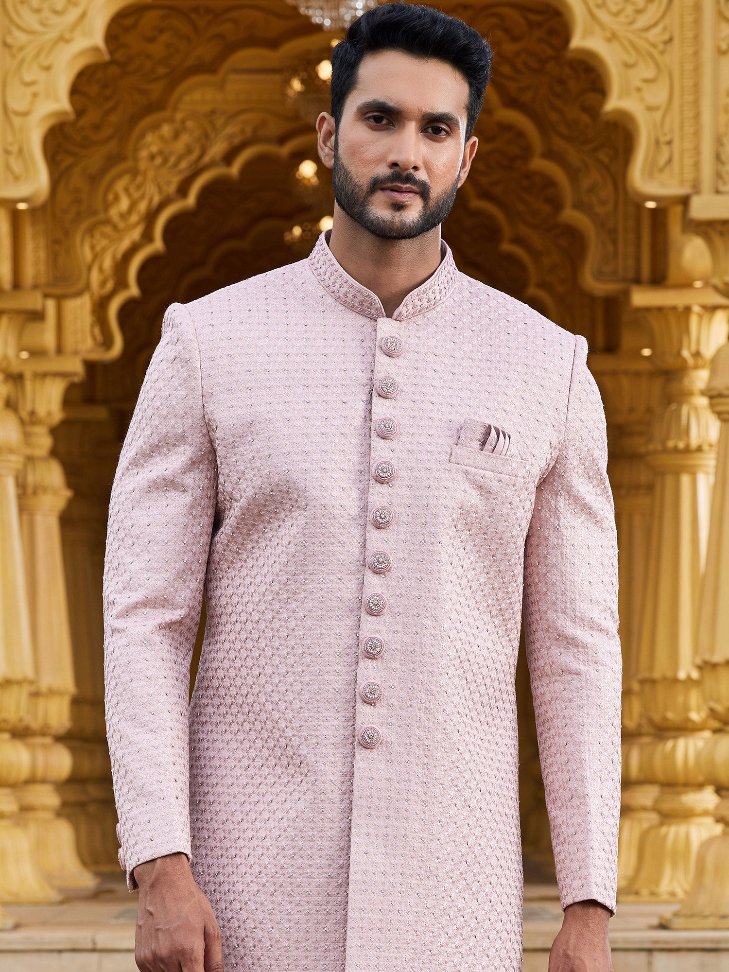 Pink Stone Work Sherwani For Mens In Silk