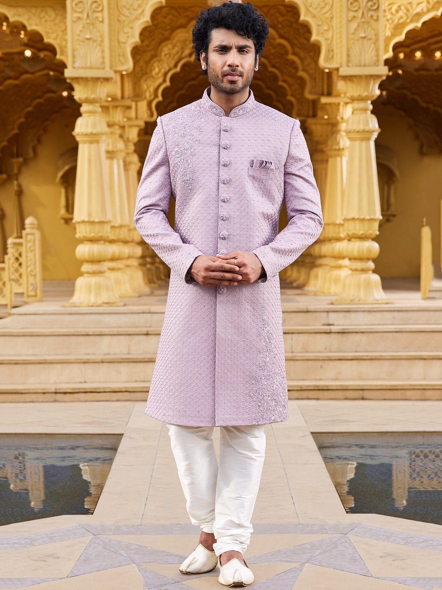 Purple Floral Embroidered Mens Sherwani In Silk