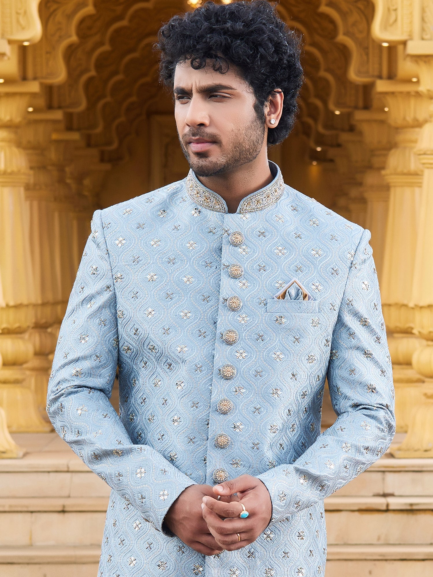 Sky Blue Sequined Sherwani In Silk