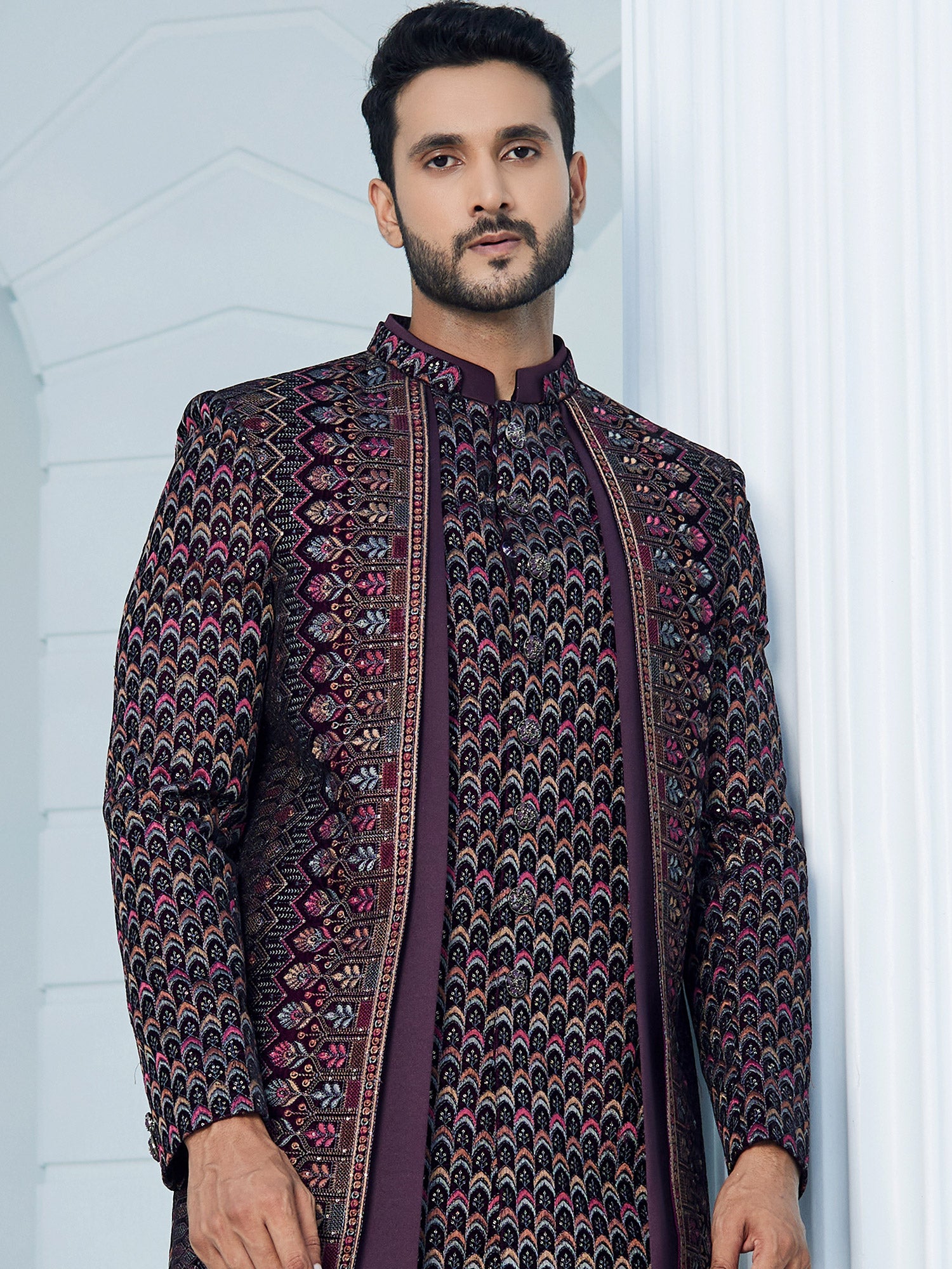 Purple Heavy Embroidered Jacketed Style Indowestern