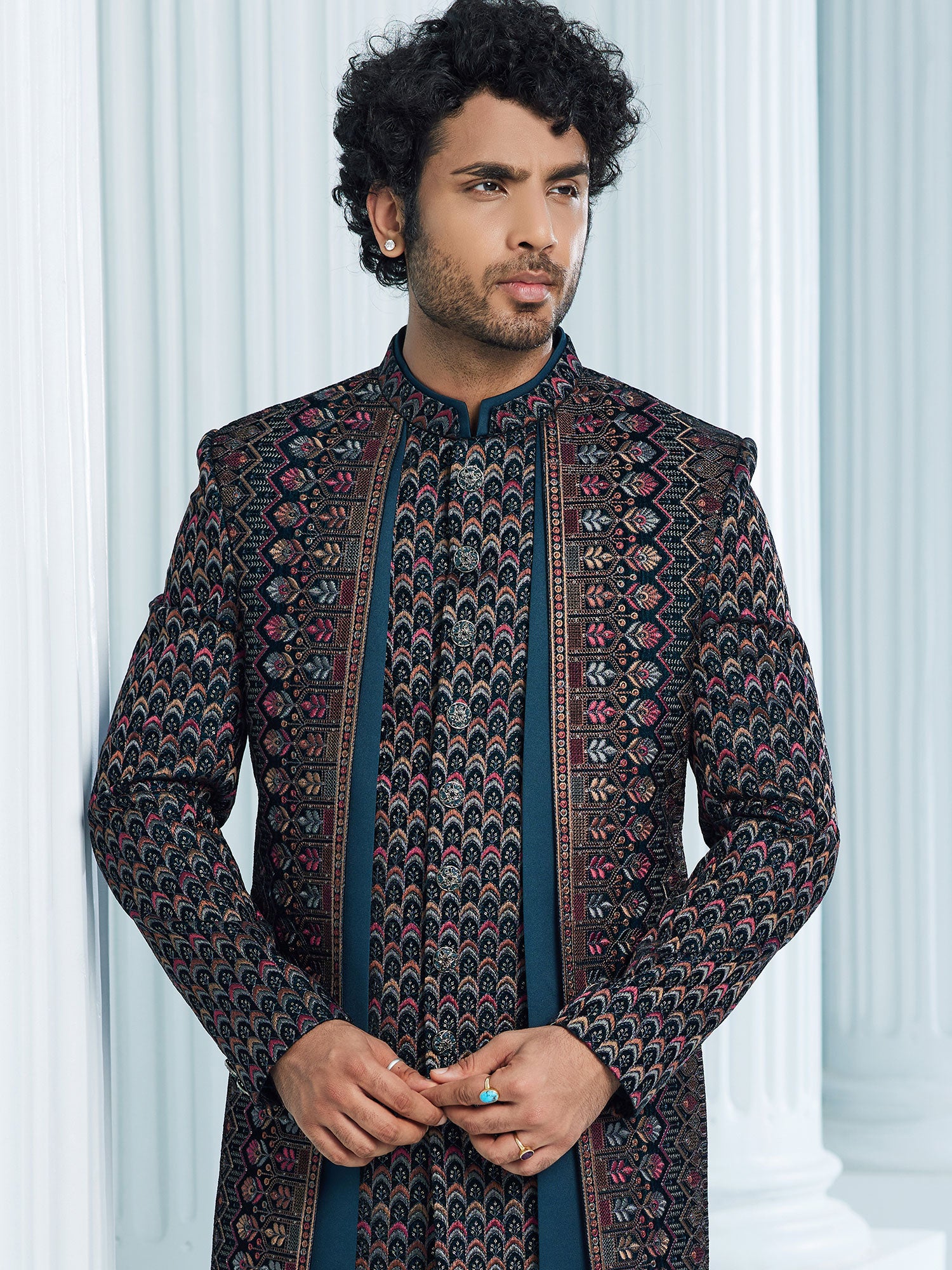 Teal Blue Thread Embroidered Indo Western For Men