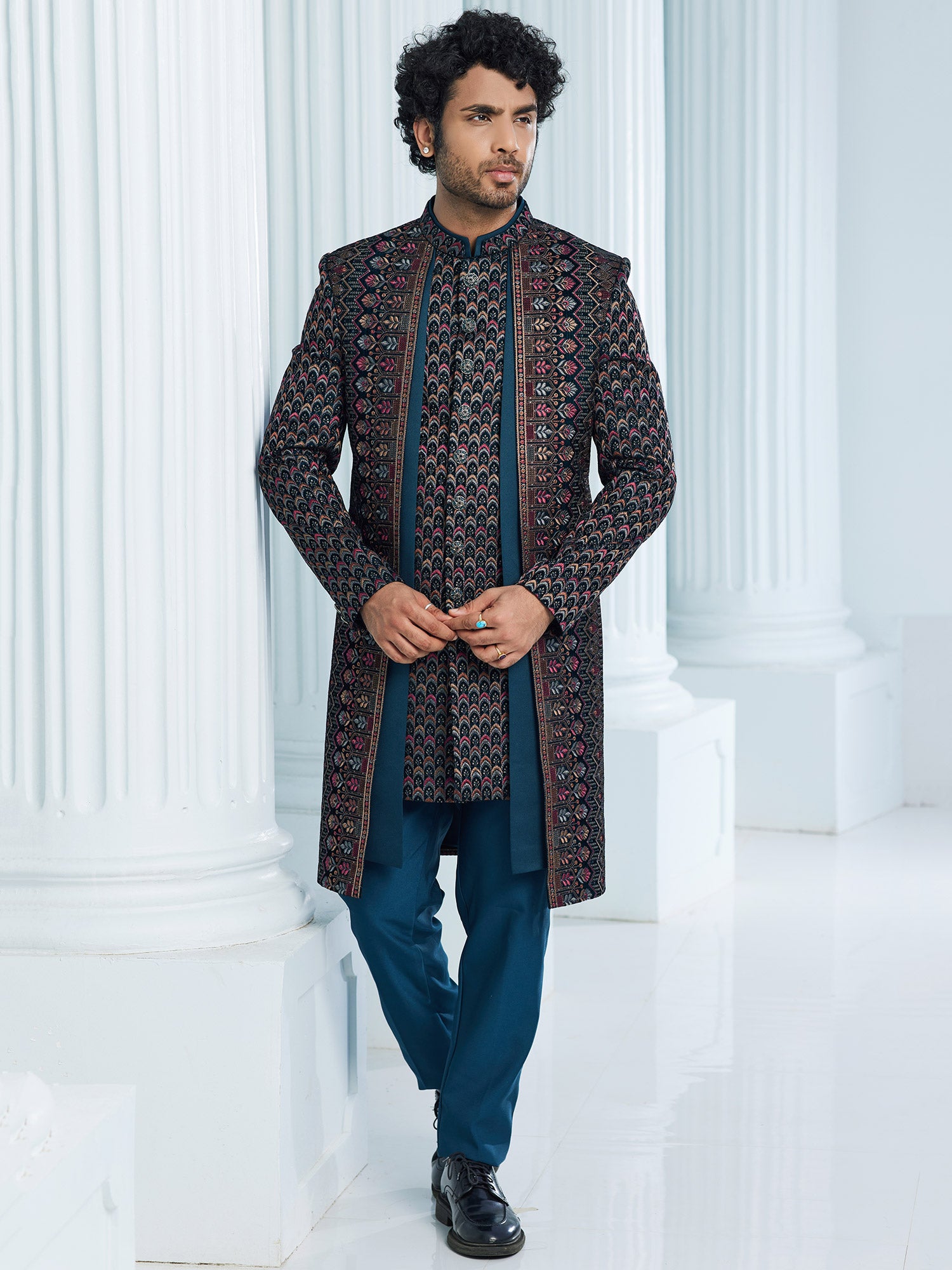 Teal Blue Thread Embroidered Indo Western For Men
