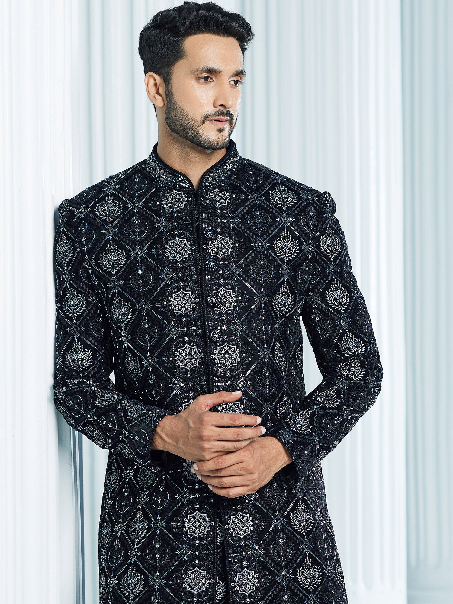 Black Embroidered Menswear Indowestern