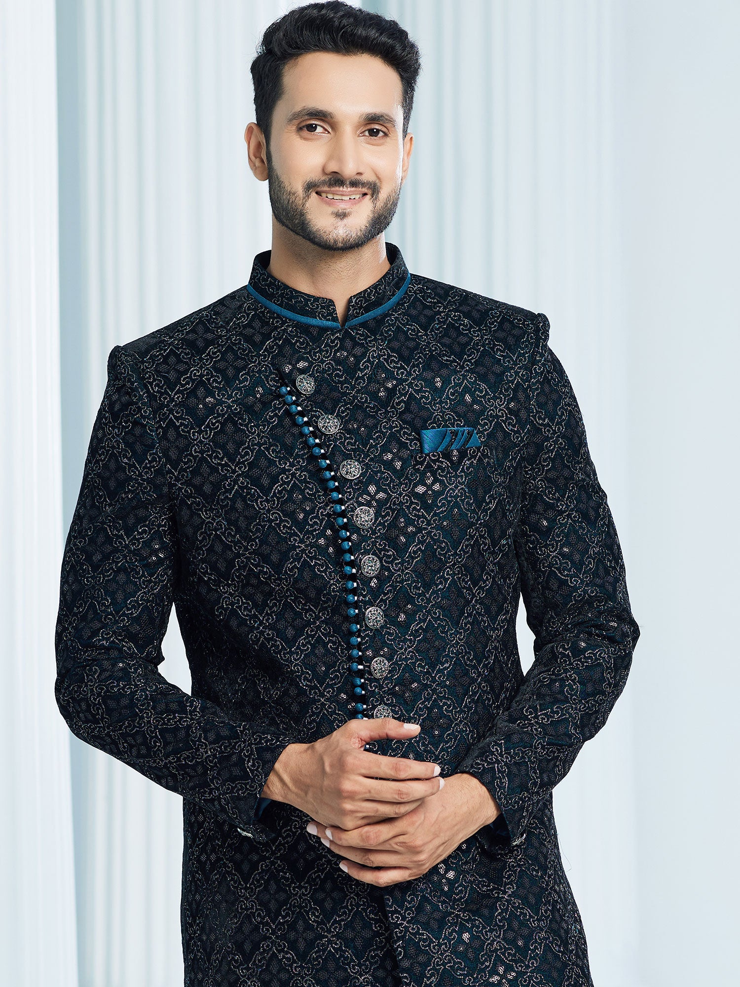Blue Zari Work Angrakha Style Mens Indowestern