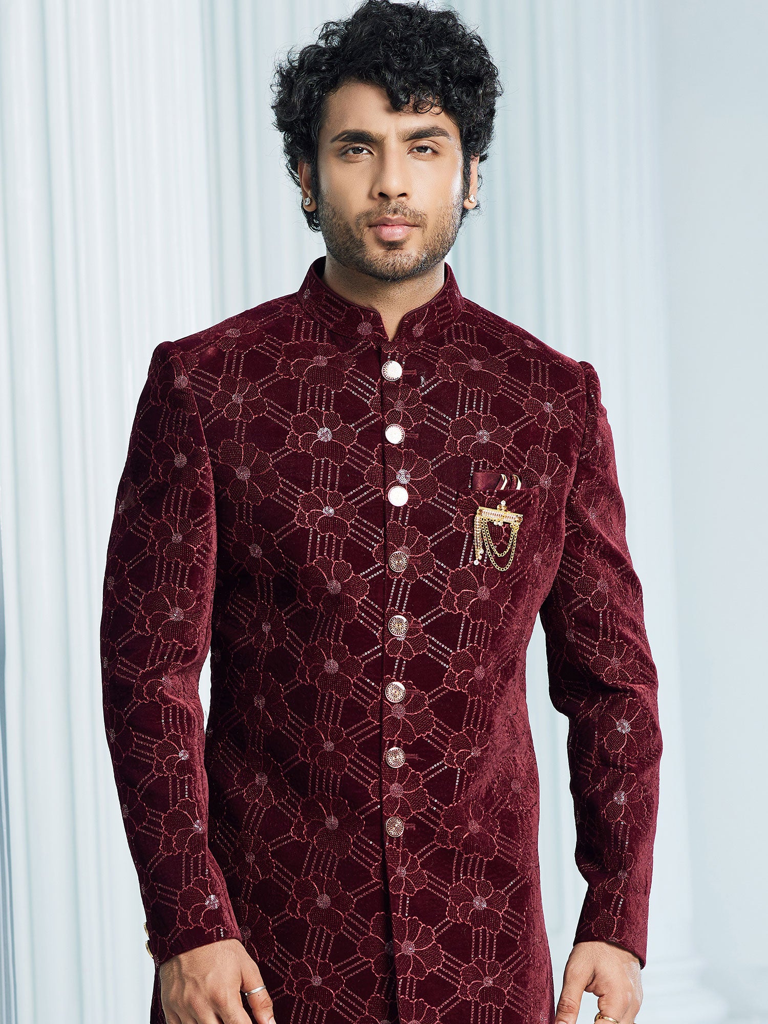 Dark Red Floral Embroidered Velvet Indowestern