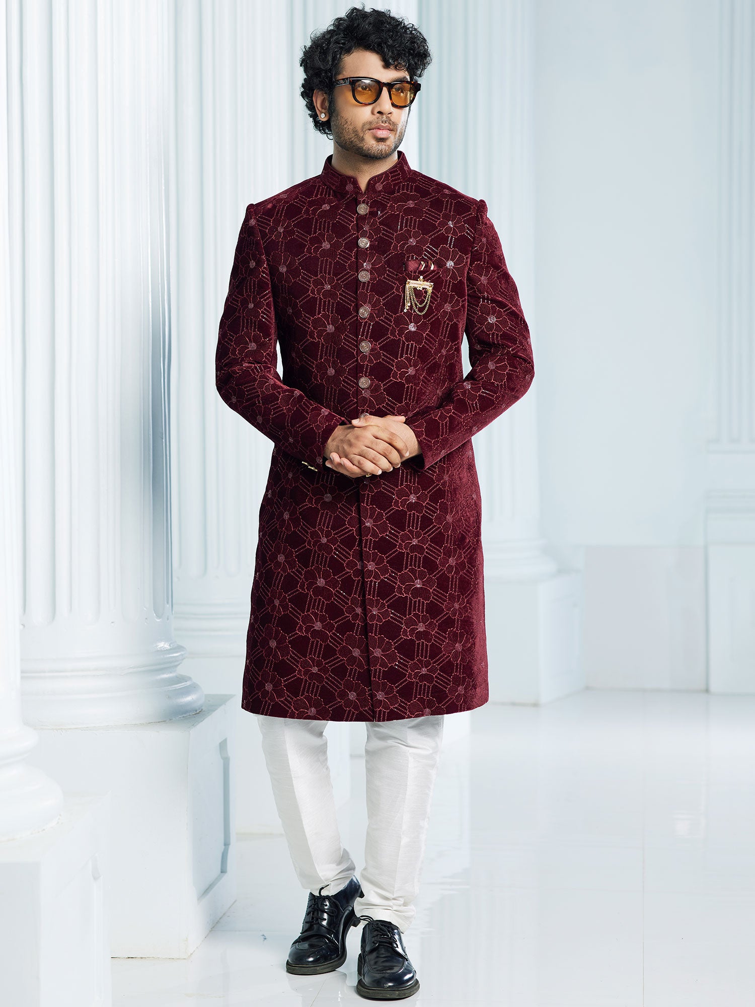 Dark Red Floral Embroidered Velvet Indowestern