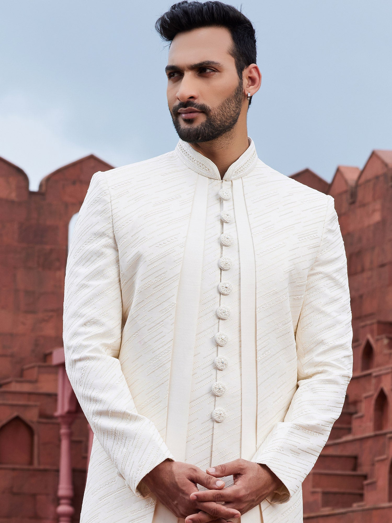White Readymade Jacketed Style Indowestern