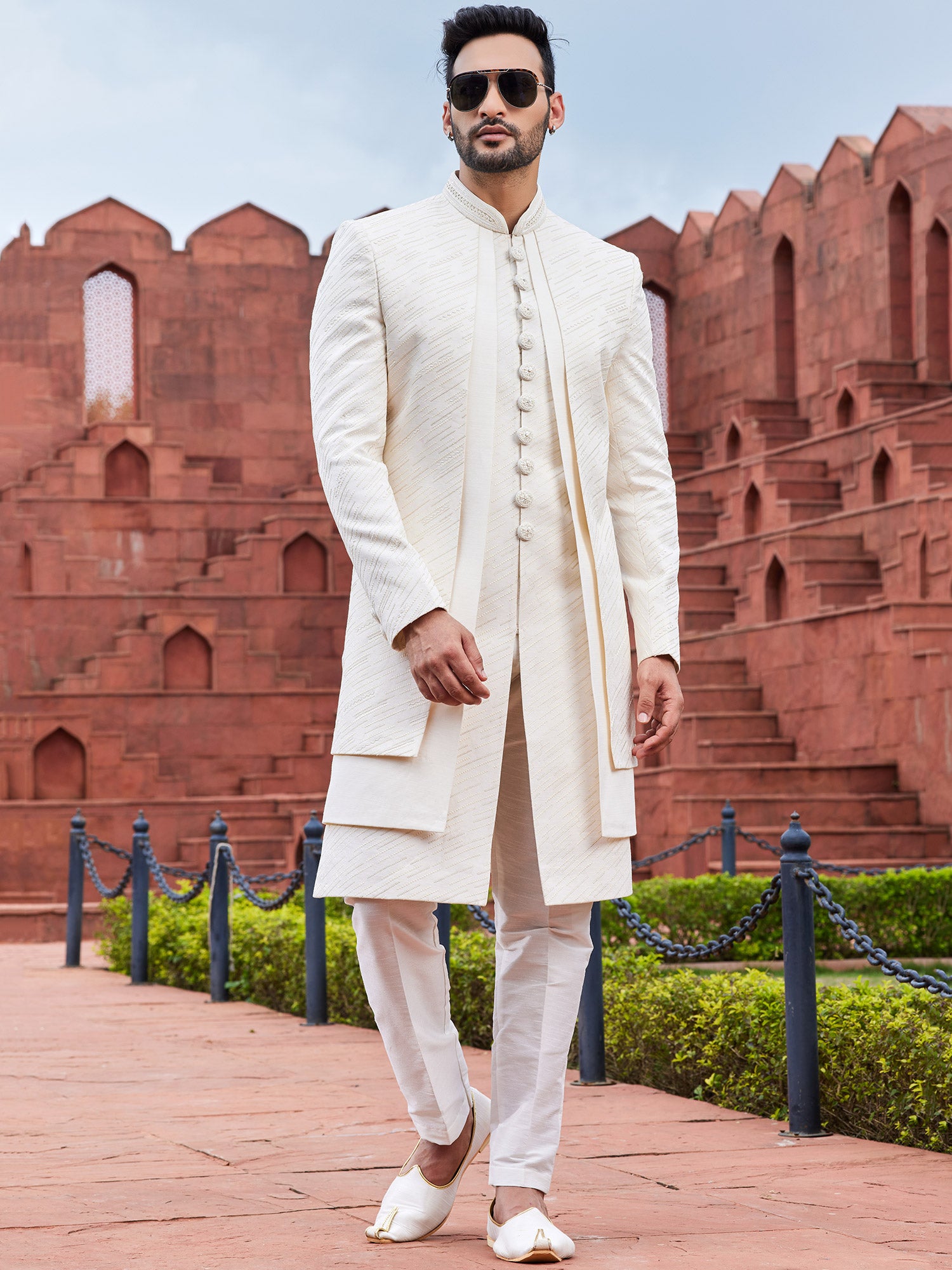 White Readymade Jacketed Style Indowestern