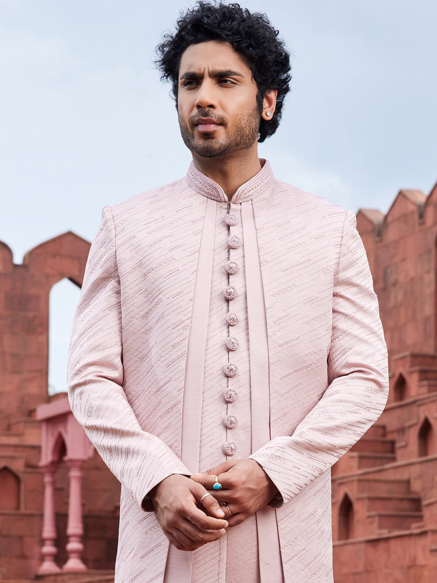Pink Embroidered Indowestern In Jacket Style