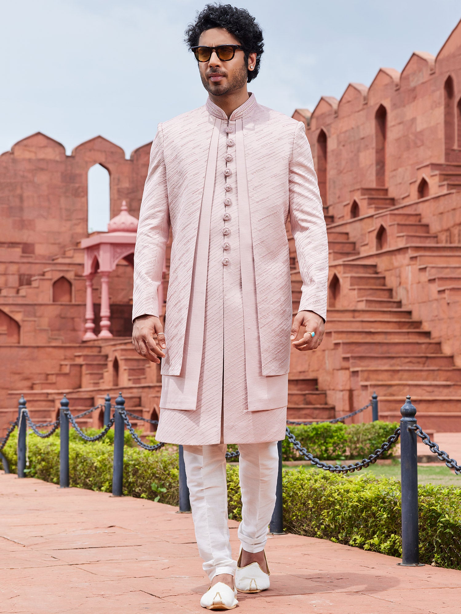 Pink Embroidered Indowestern In Jacket Style