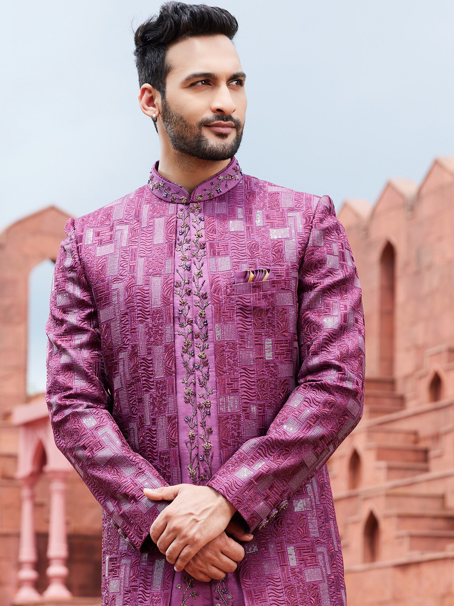 Pink Hand Embroidered Silk Mens Indowestern