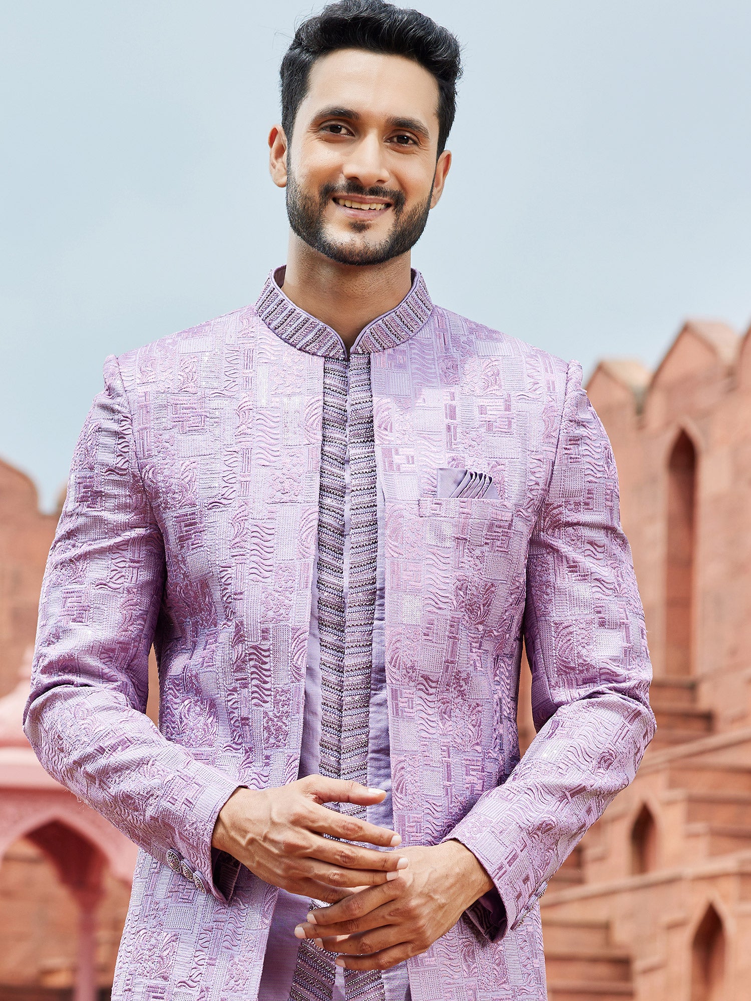Purple Thread Embroidered Mens Indowestern