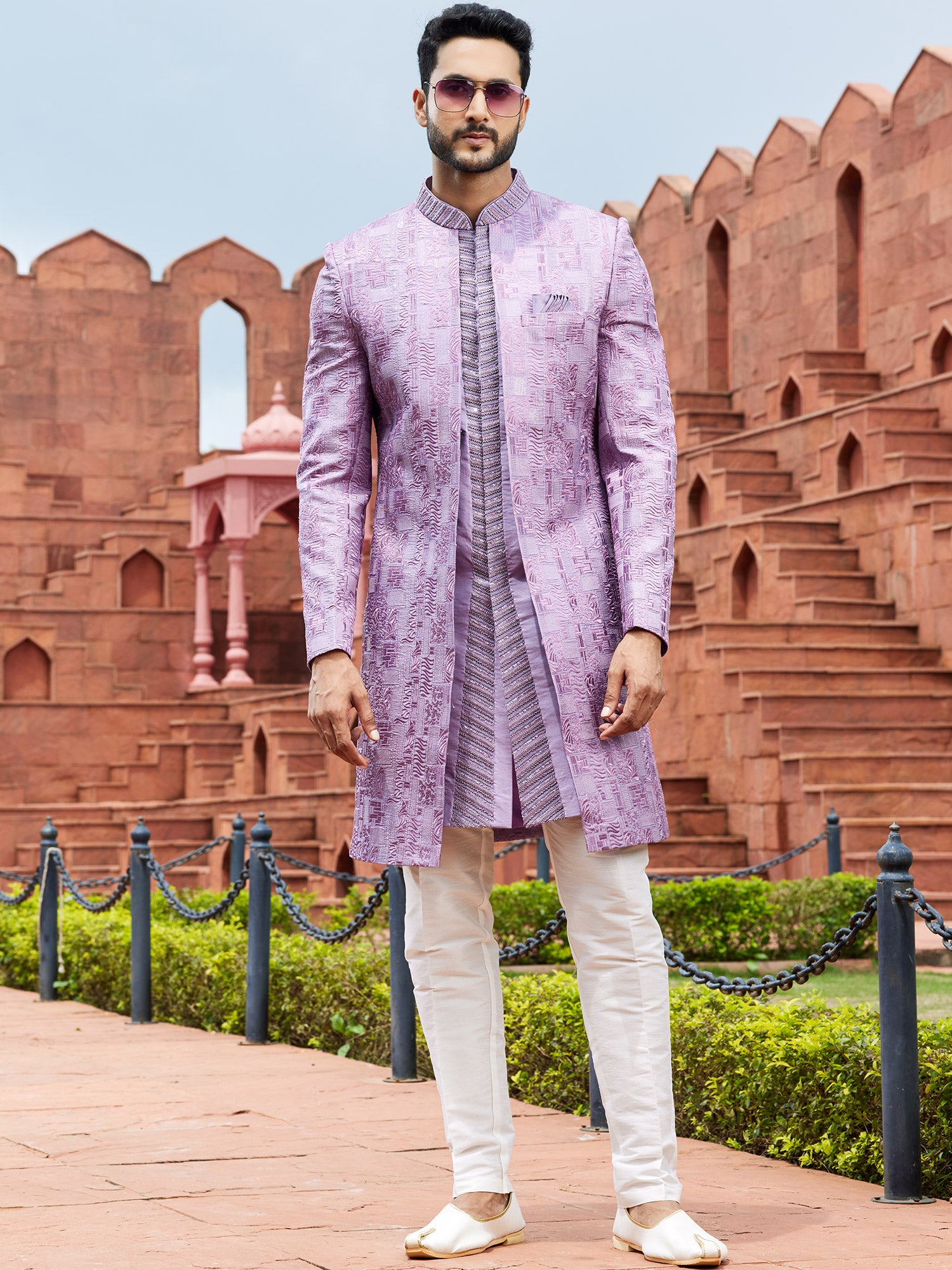 Purple Thread Embroidered Mens Indowestern