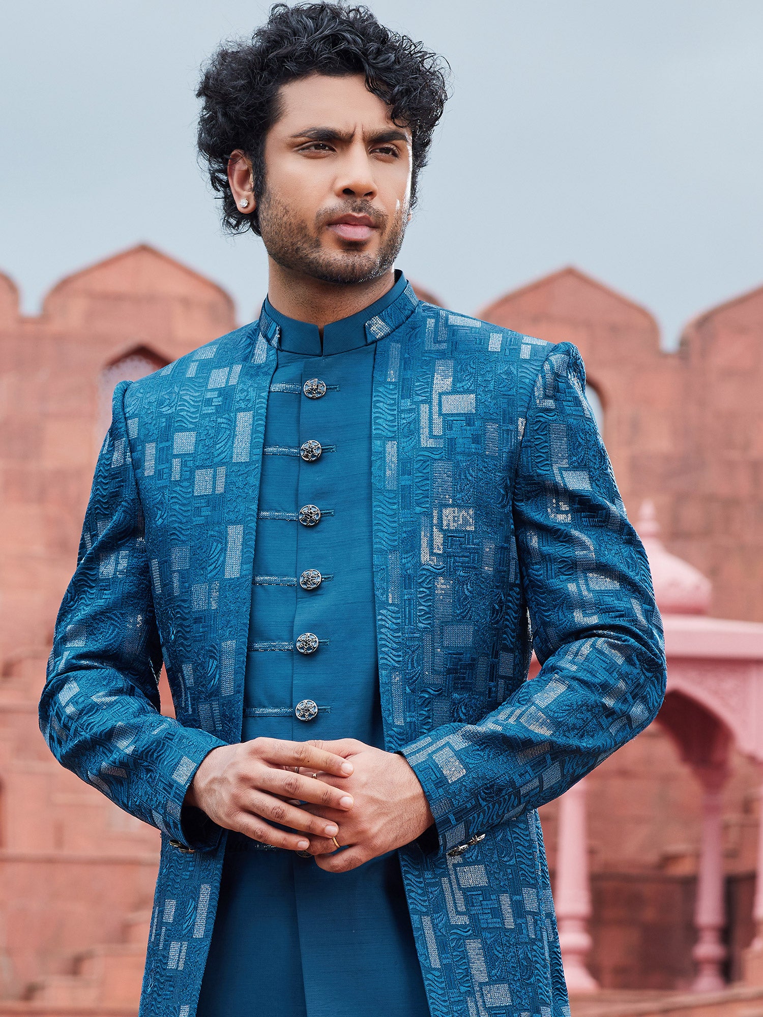 Blue Assymetric Readymade Mens Indowestern