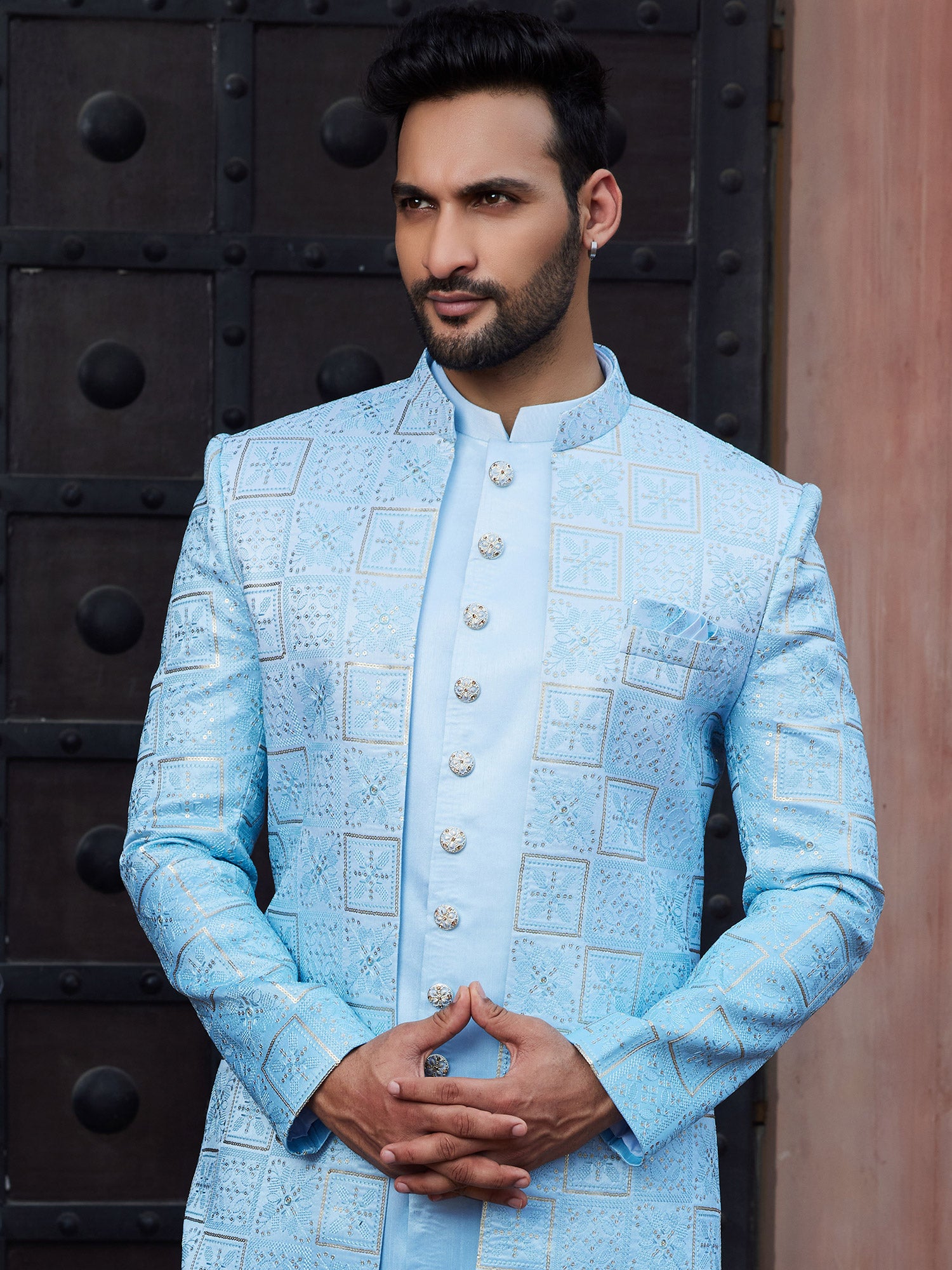 Sky Blue Silk Woven Indo Western Sherwani