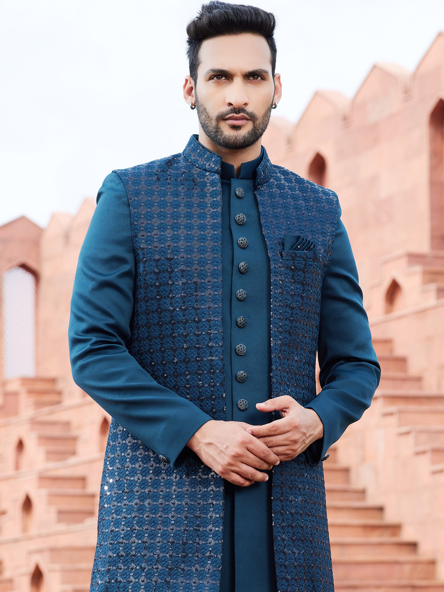 Blue Sequin Embroidered IndoWestern Set