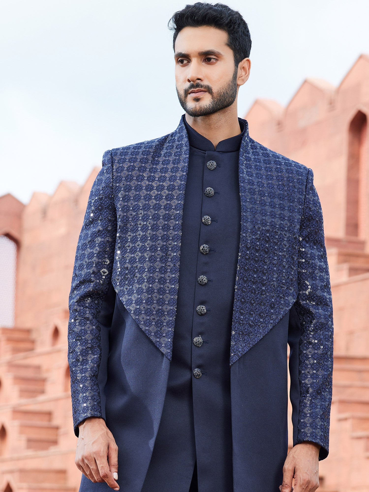 Deep Blue Sequin Embellished Mens Indowestern