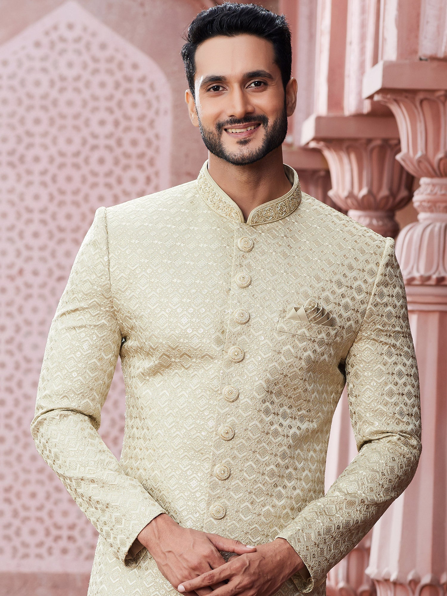 Cream Geometric Pattern Mens Indowestern