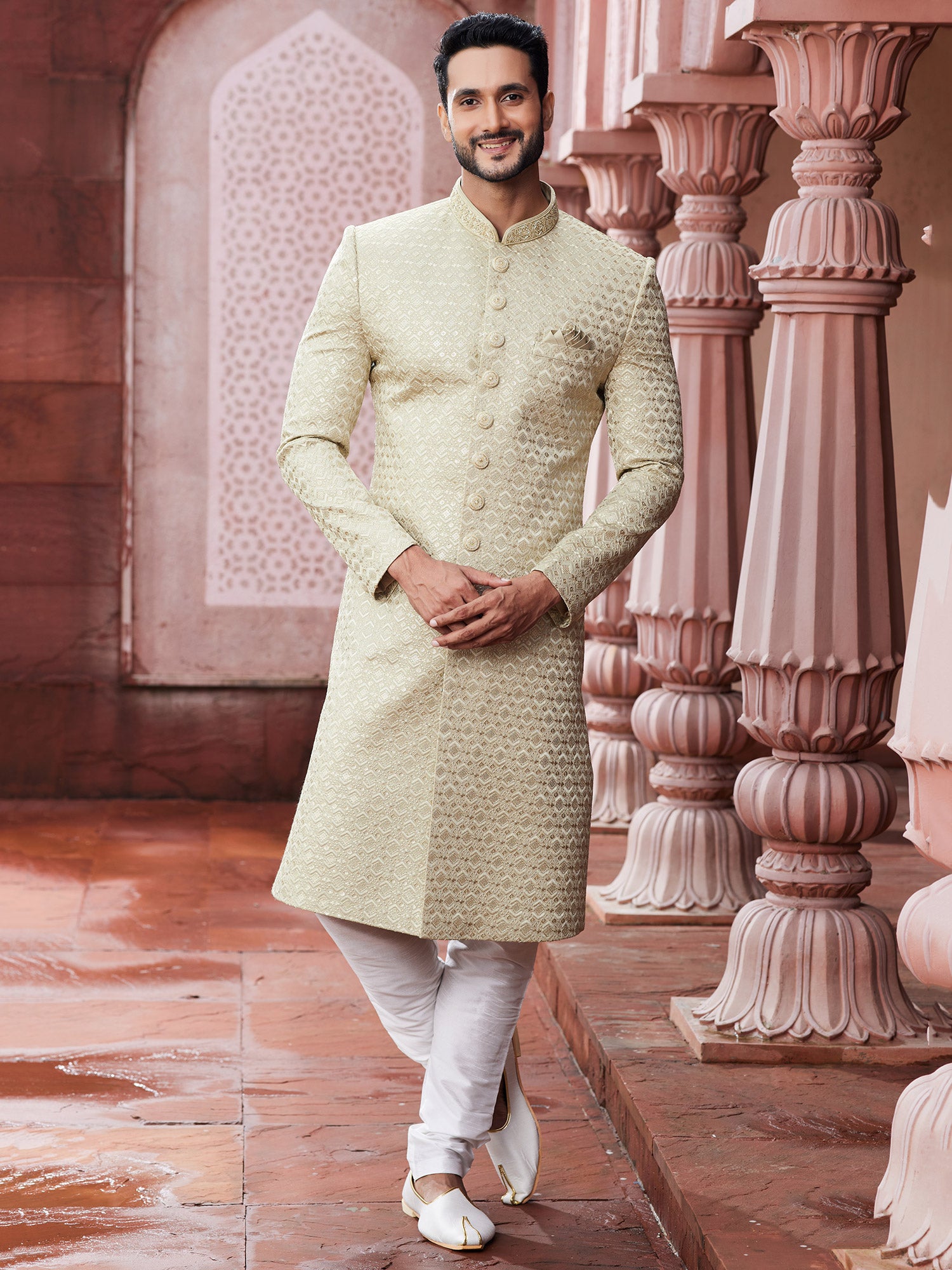Cream Geometric Pattern Mens Indowestern