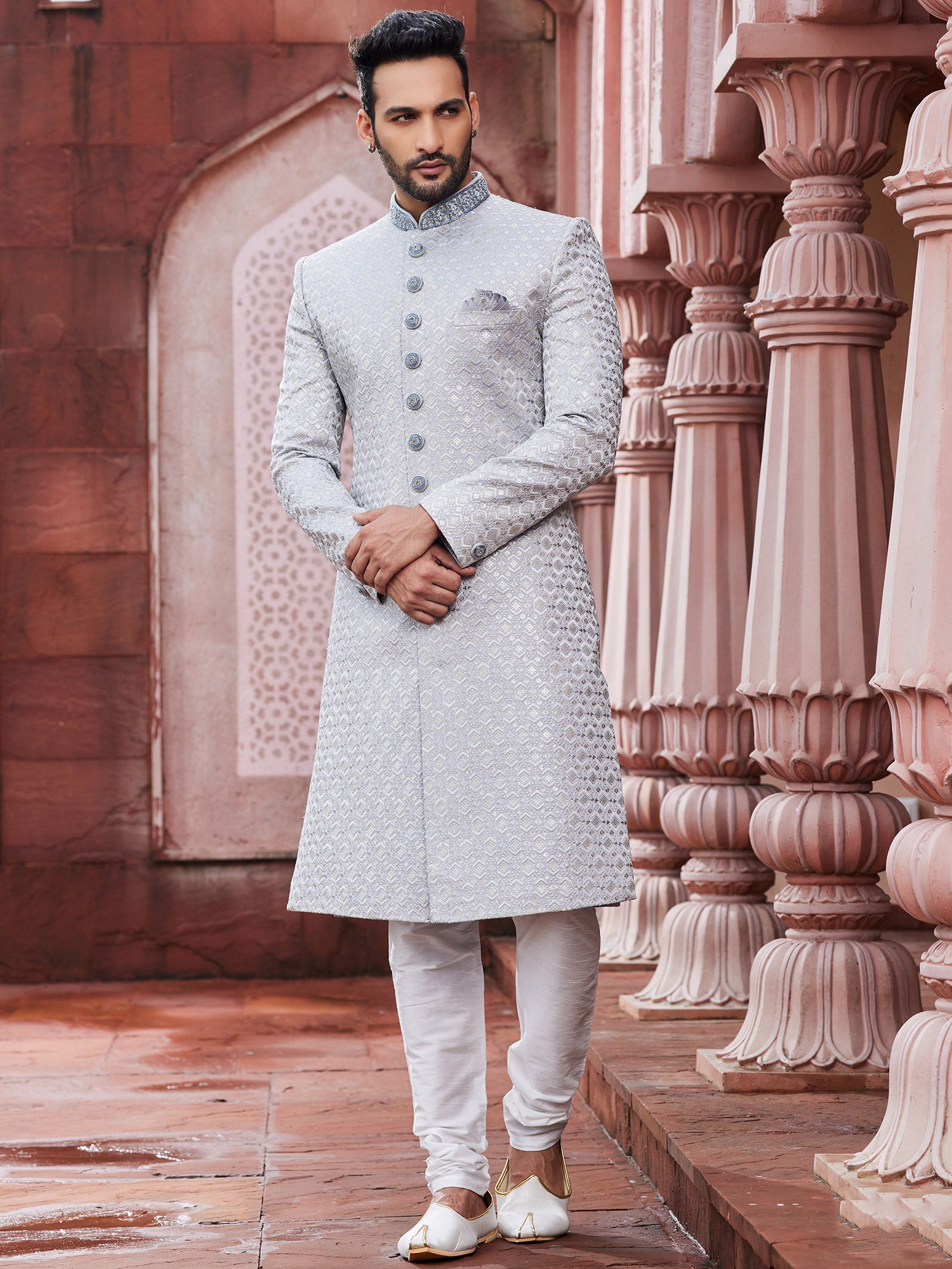 Blue Mens Indowestern In Geometric Pattern