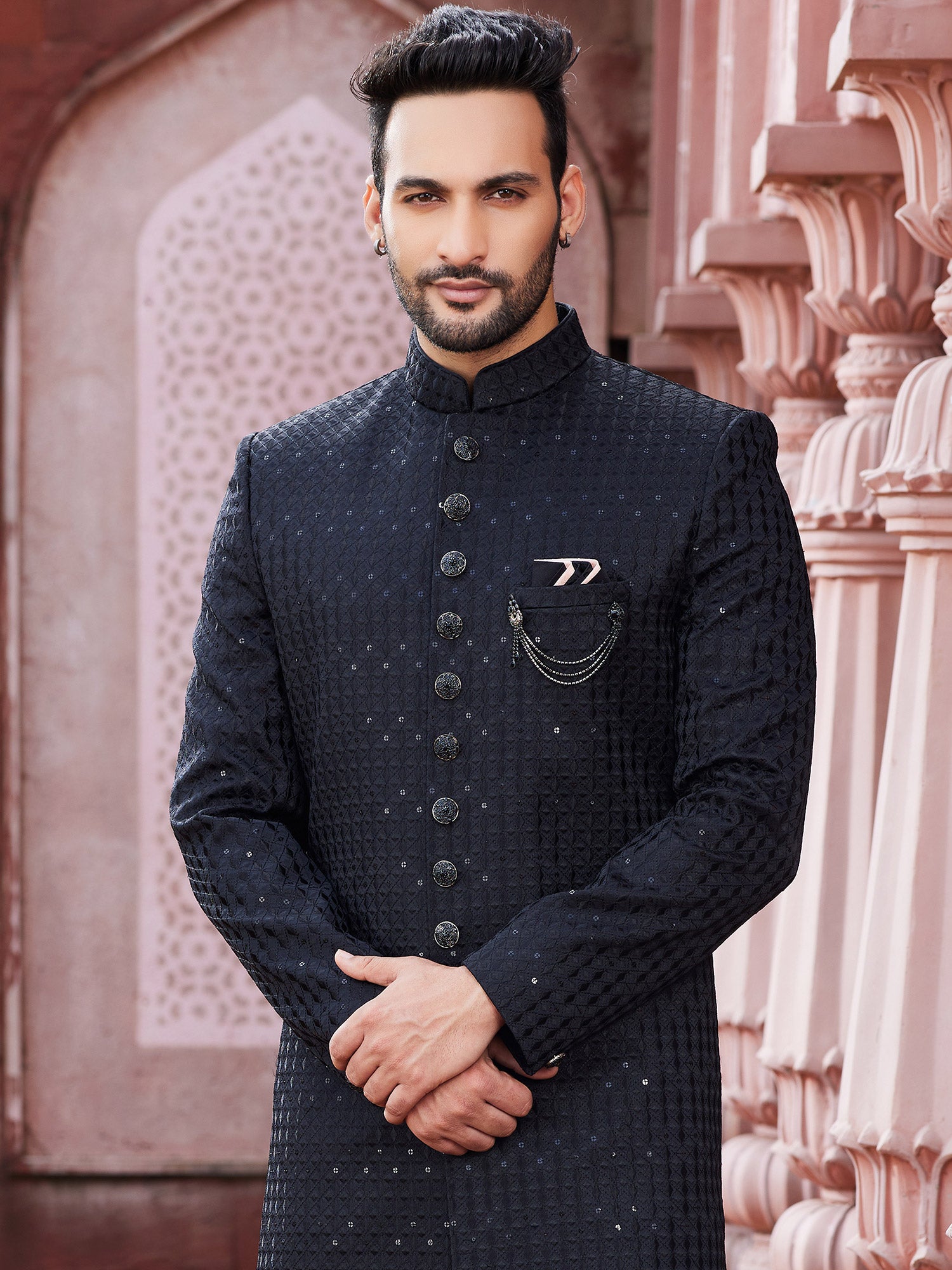 Deep Blue Wedding Indo Western Sherwani For Men