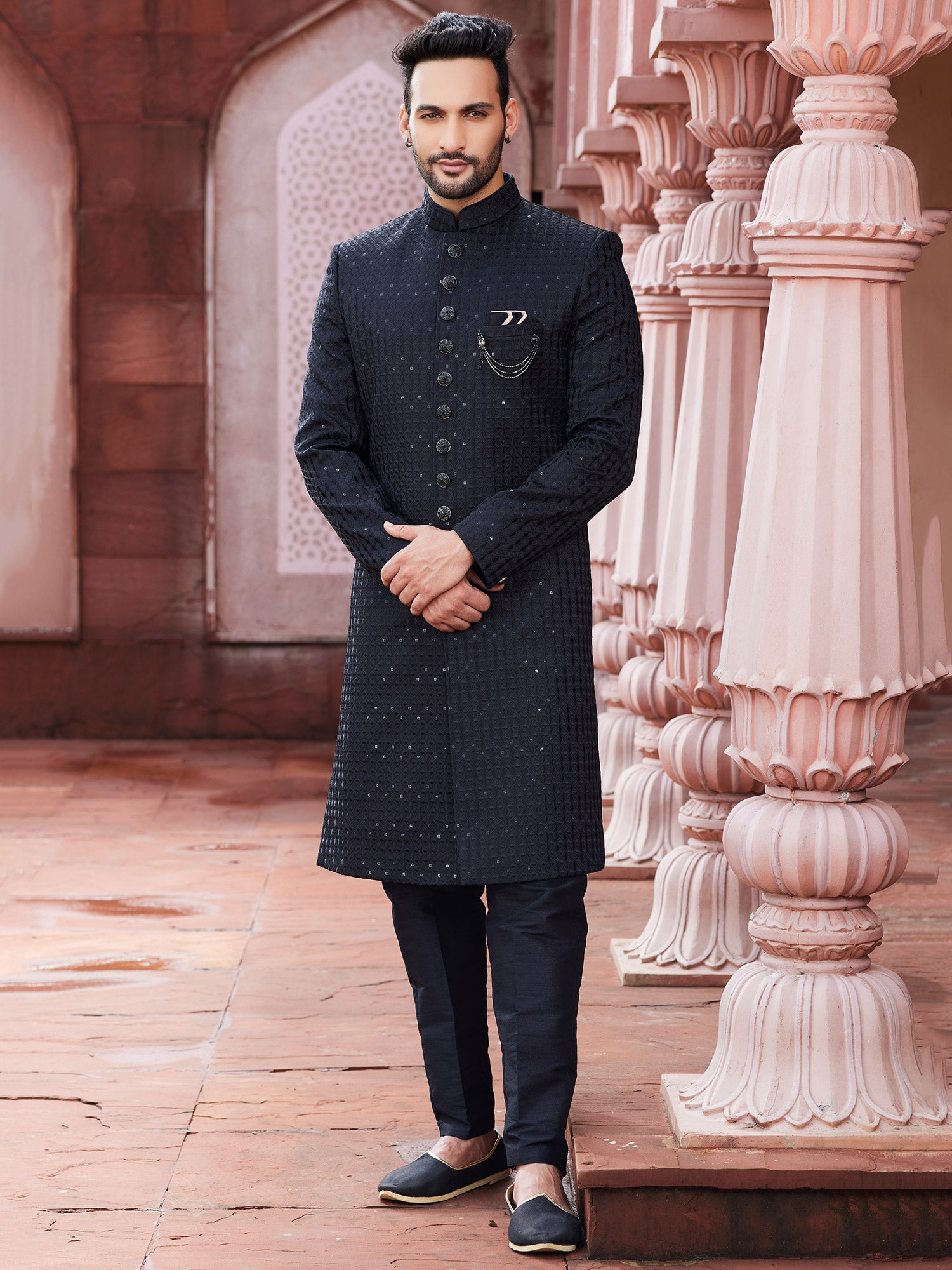 Deep Blue Wedding Indo Western Sherwani For Men