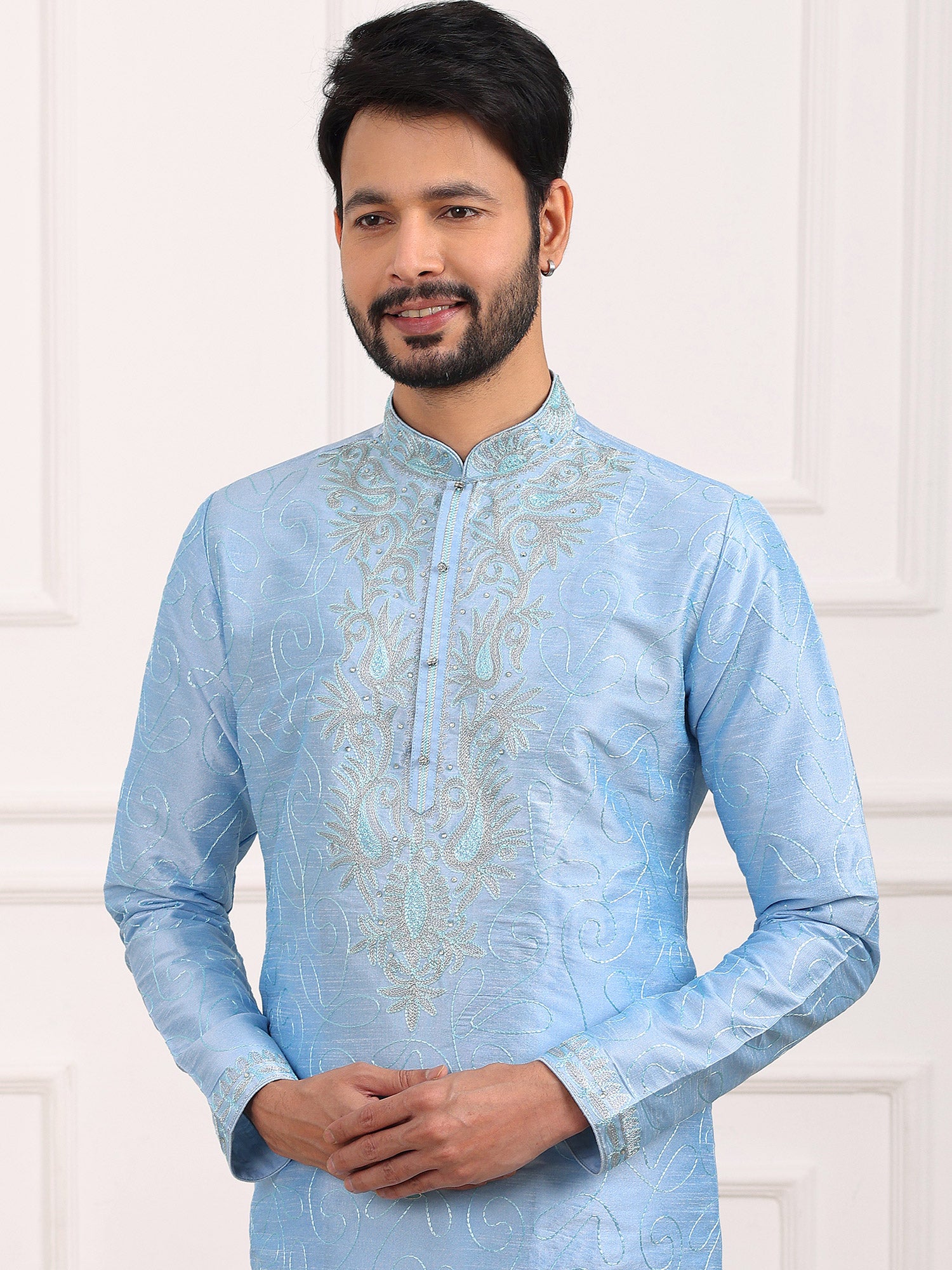Sky Blue Kurta In Silk With Churidar