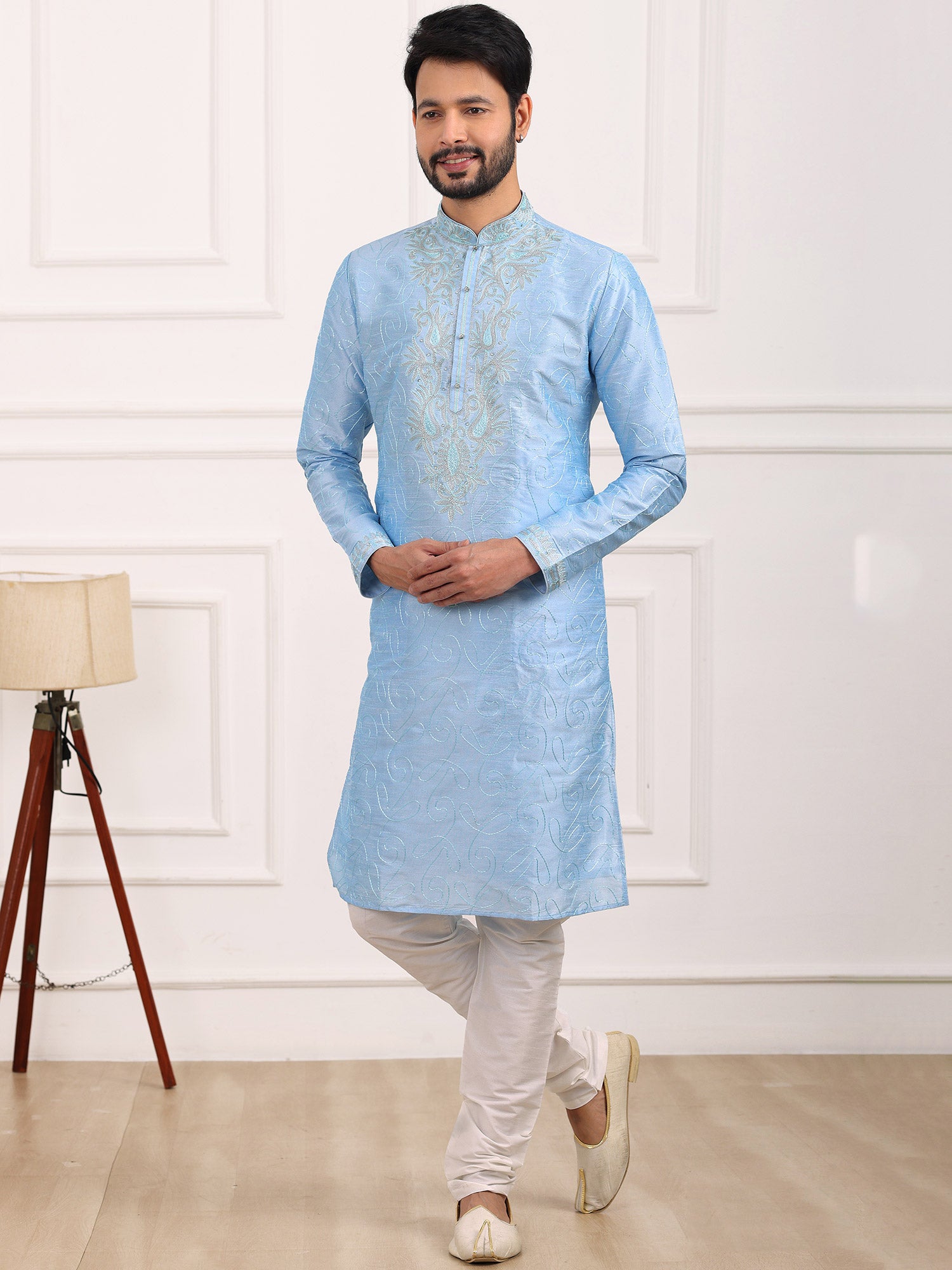 Sky Blue Kurta In Silk With Churidar