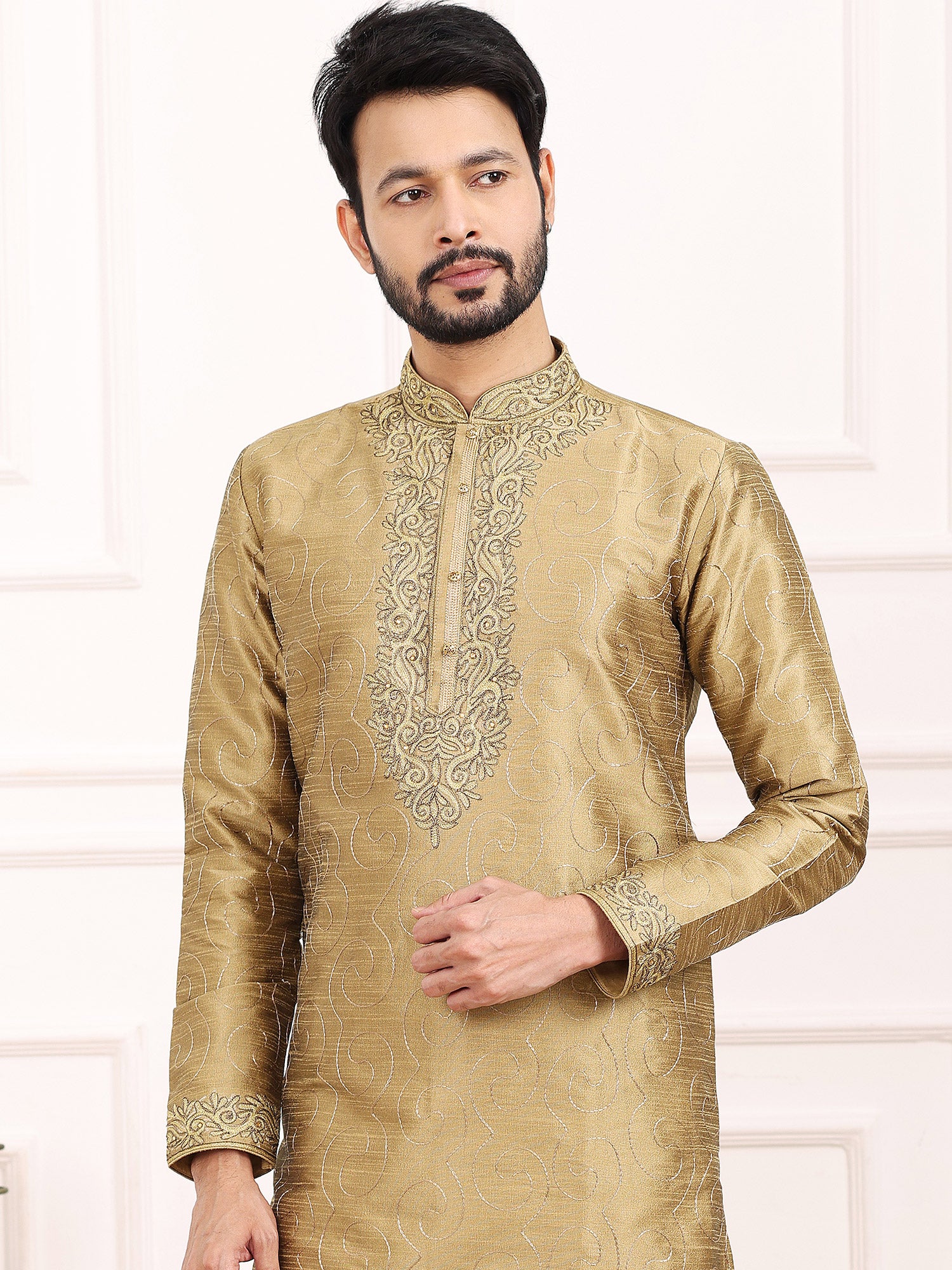 Beige Thread Embellished Kurta With Pajama