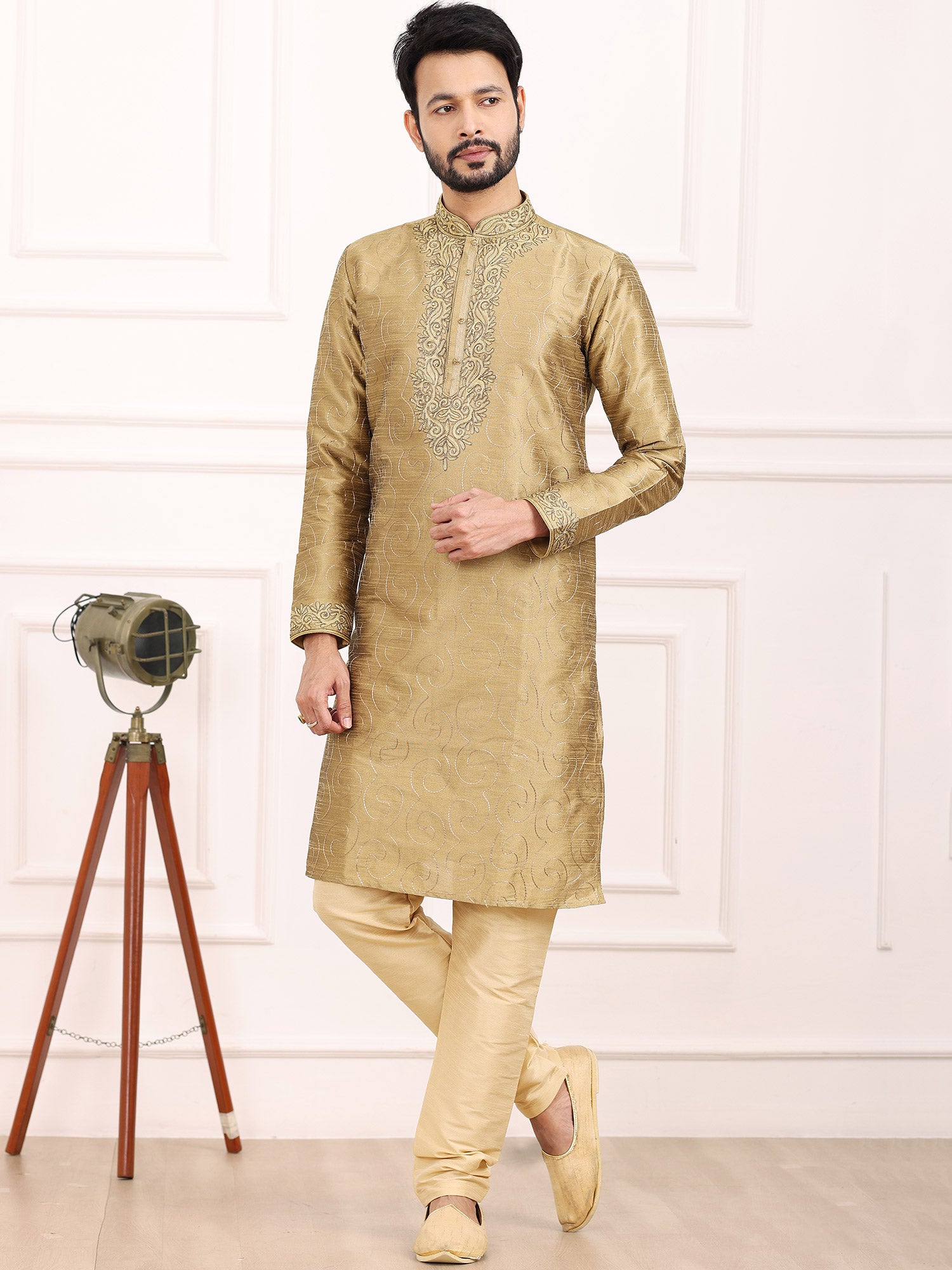Beige Thread Embellished Kurta With Pajama