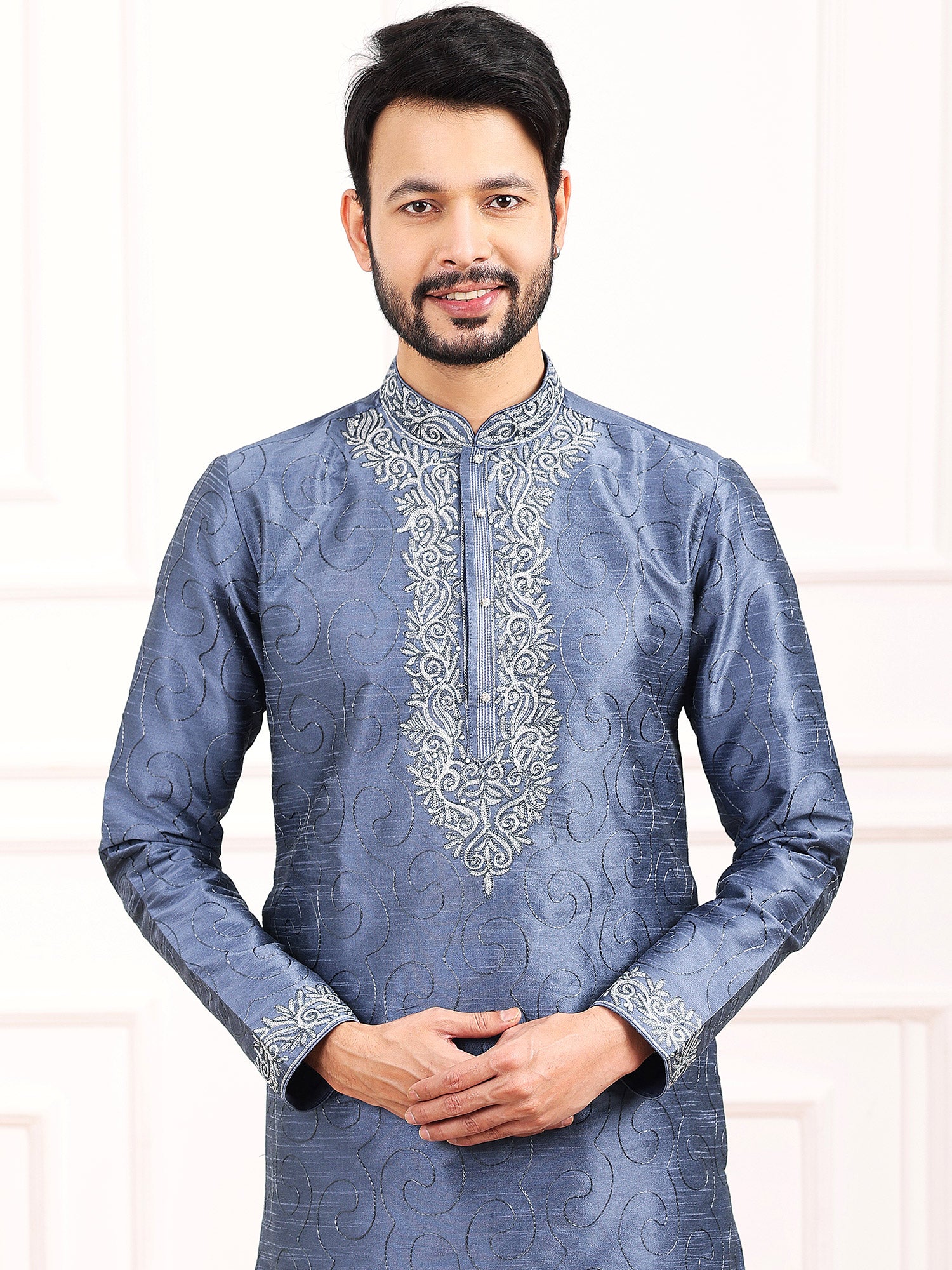 Blue Kurta Pajama In Silk With Thread Work