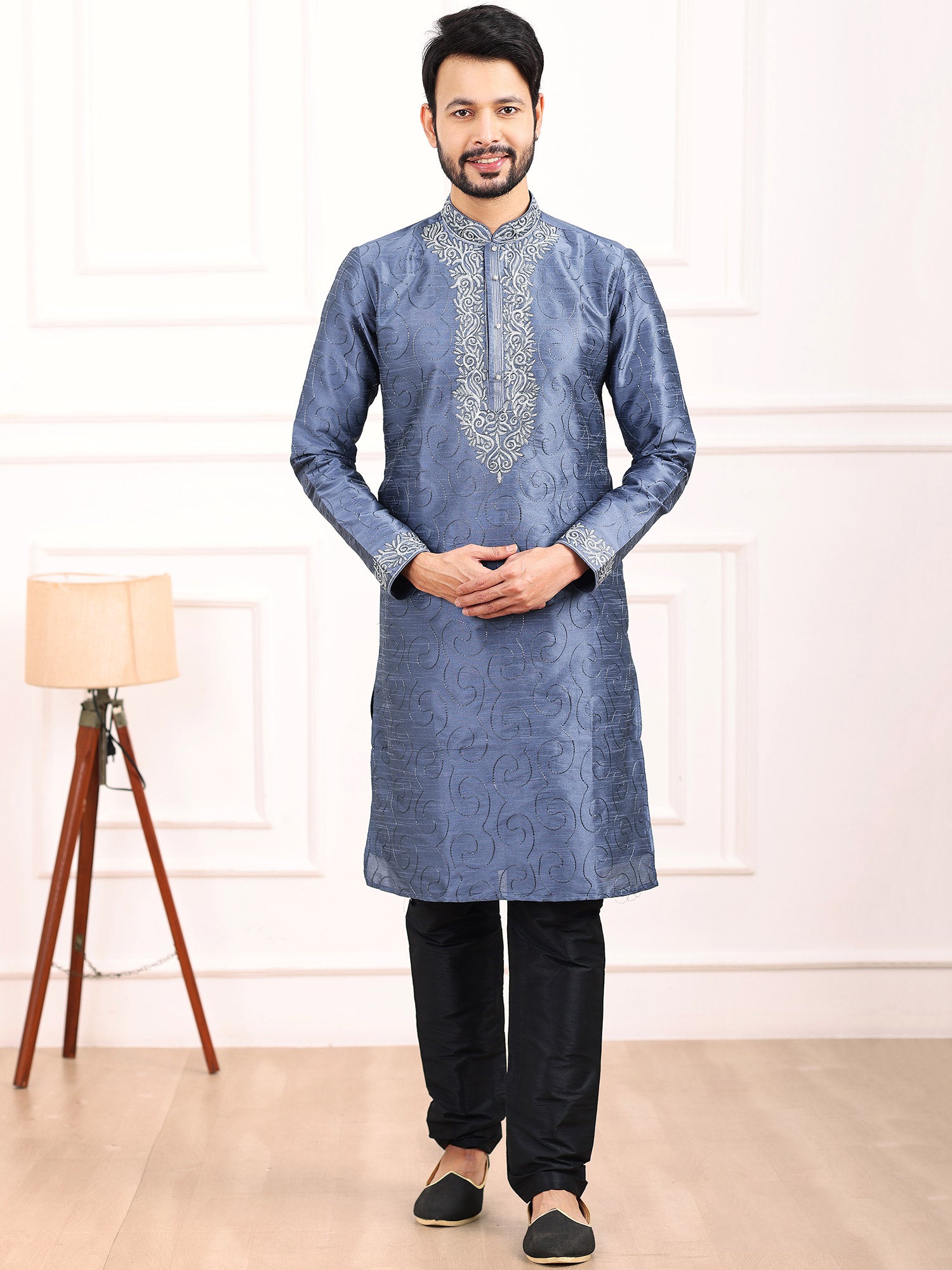 Blue Kurta Pajama In Silk With Thread Work