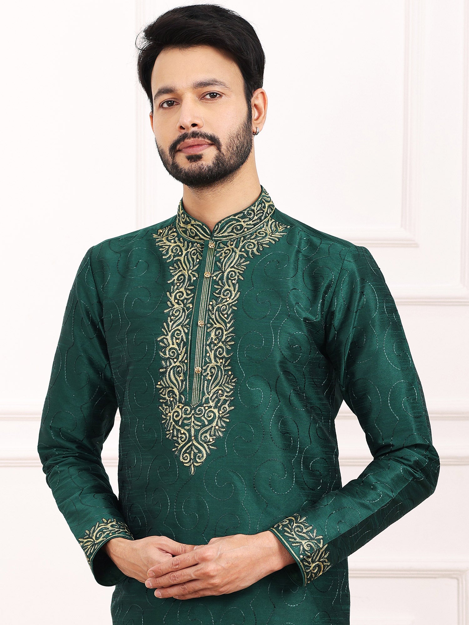Green Festive Wear Kurta Pyjama In Silk