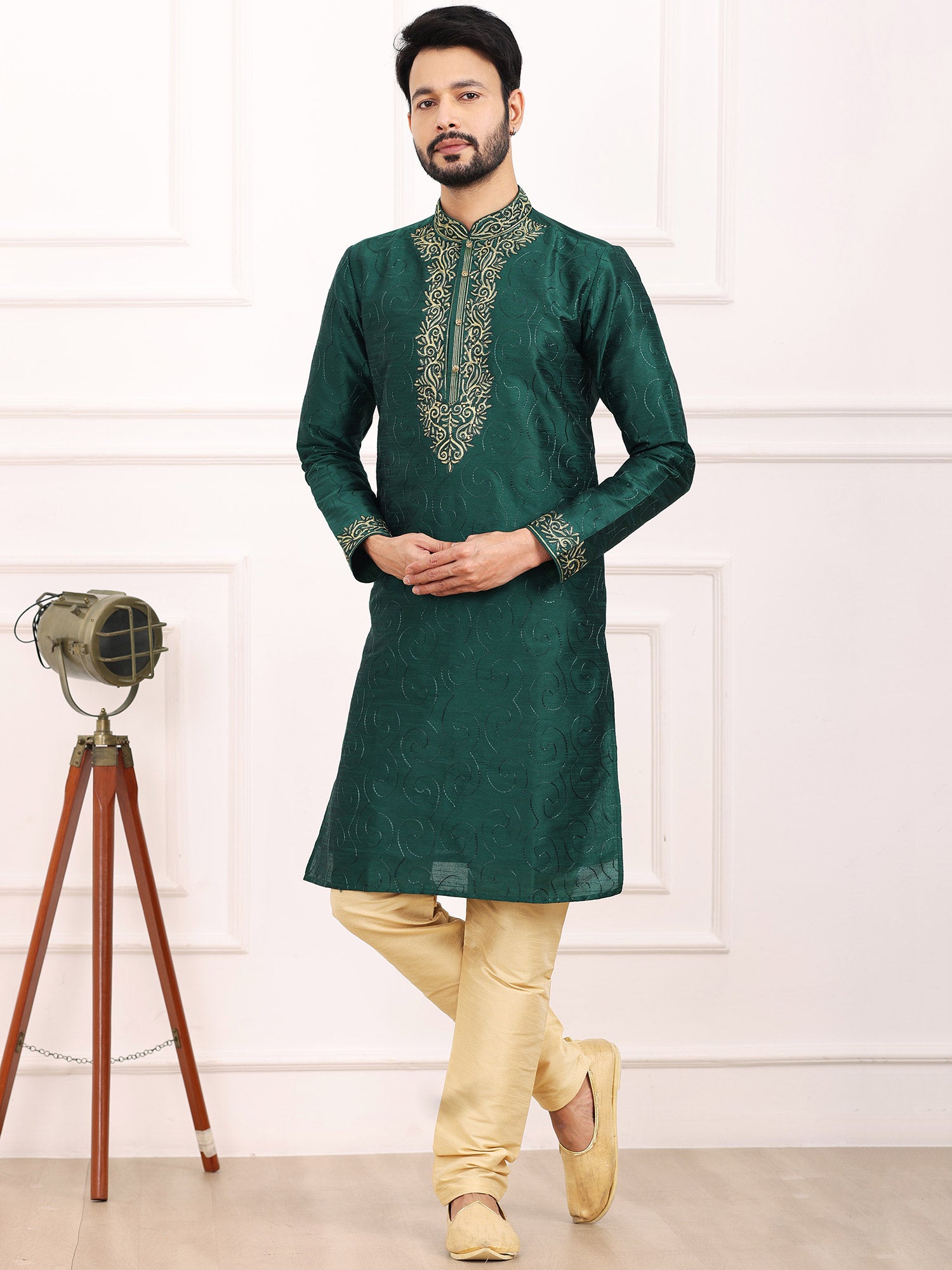 Green Festive Wear Kurta Pyjama In Silk