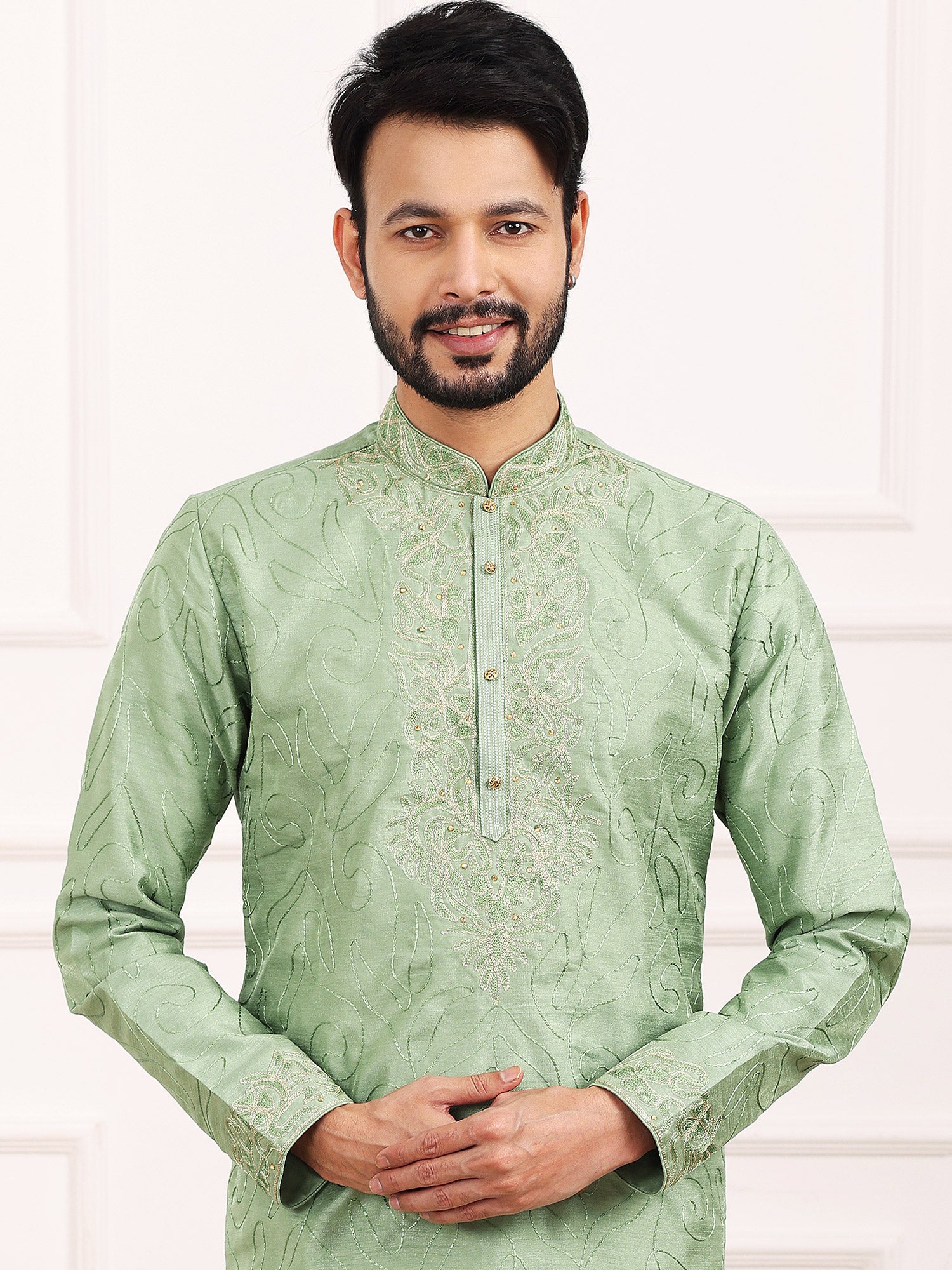 Green Silk Kurta With Churidaar In Thread Work