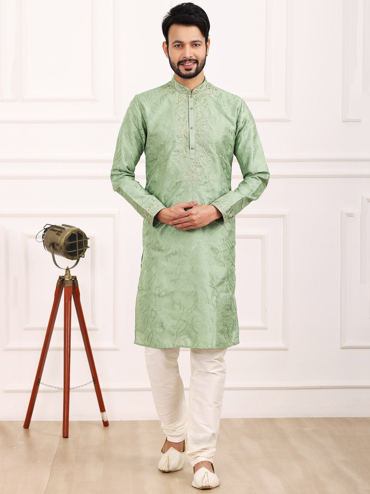 Green Silk Kurta With Churidaar In Thread Work