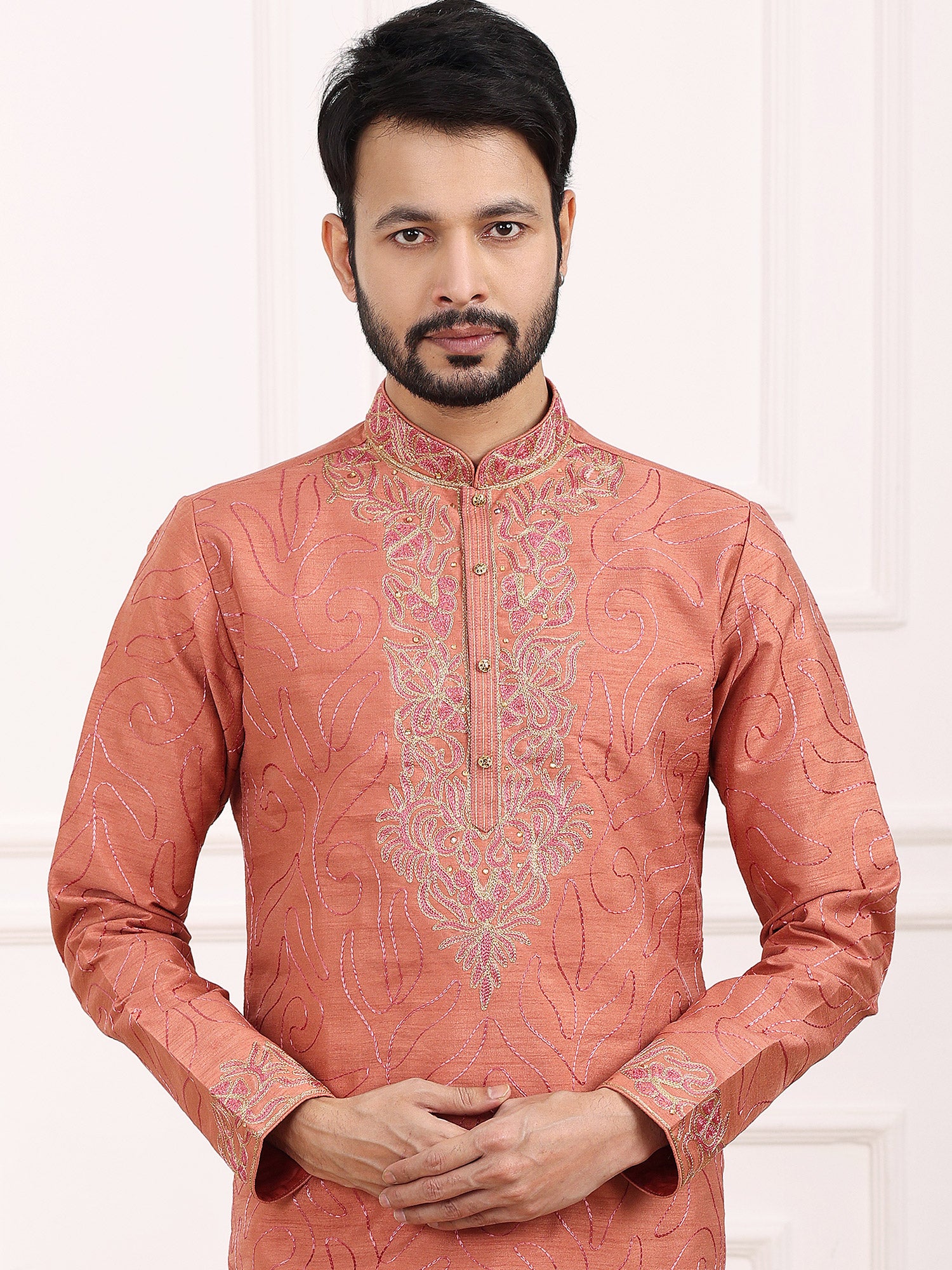 Peach Mens Kurta Pajama In Silk