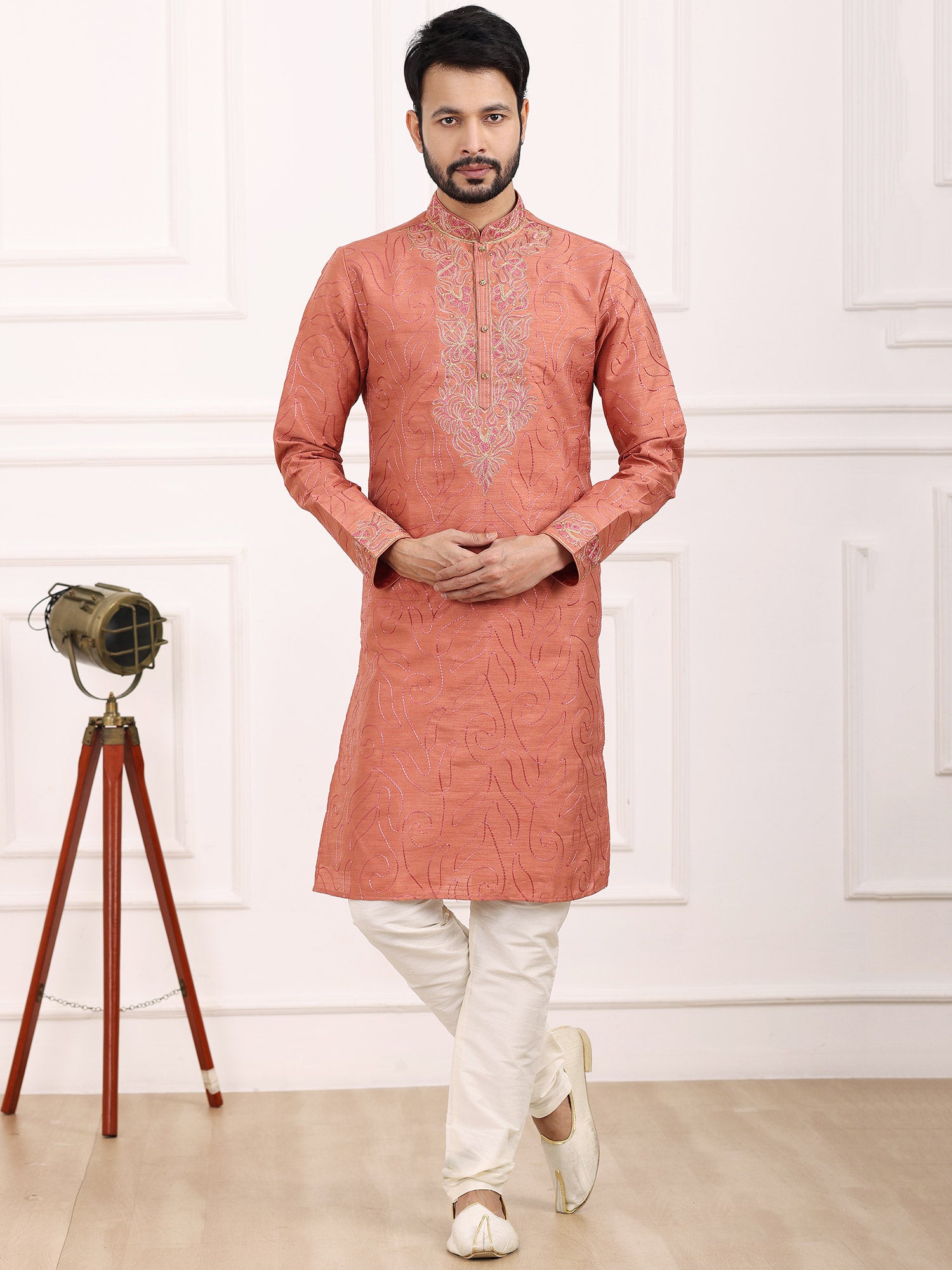 Peach Mens Kurta Pajama In Silk