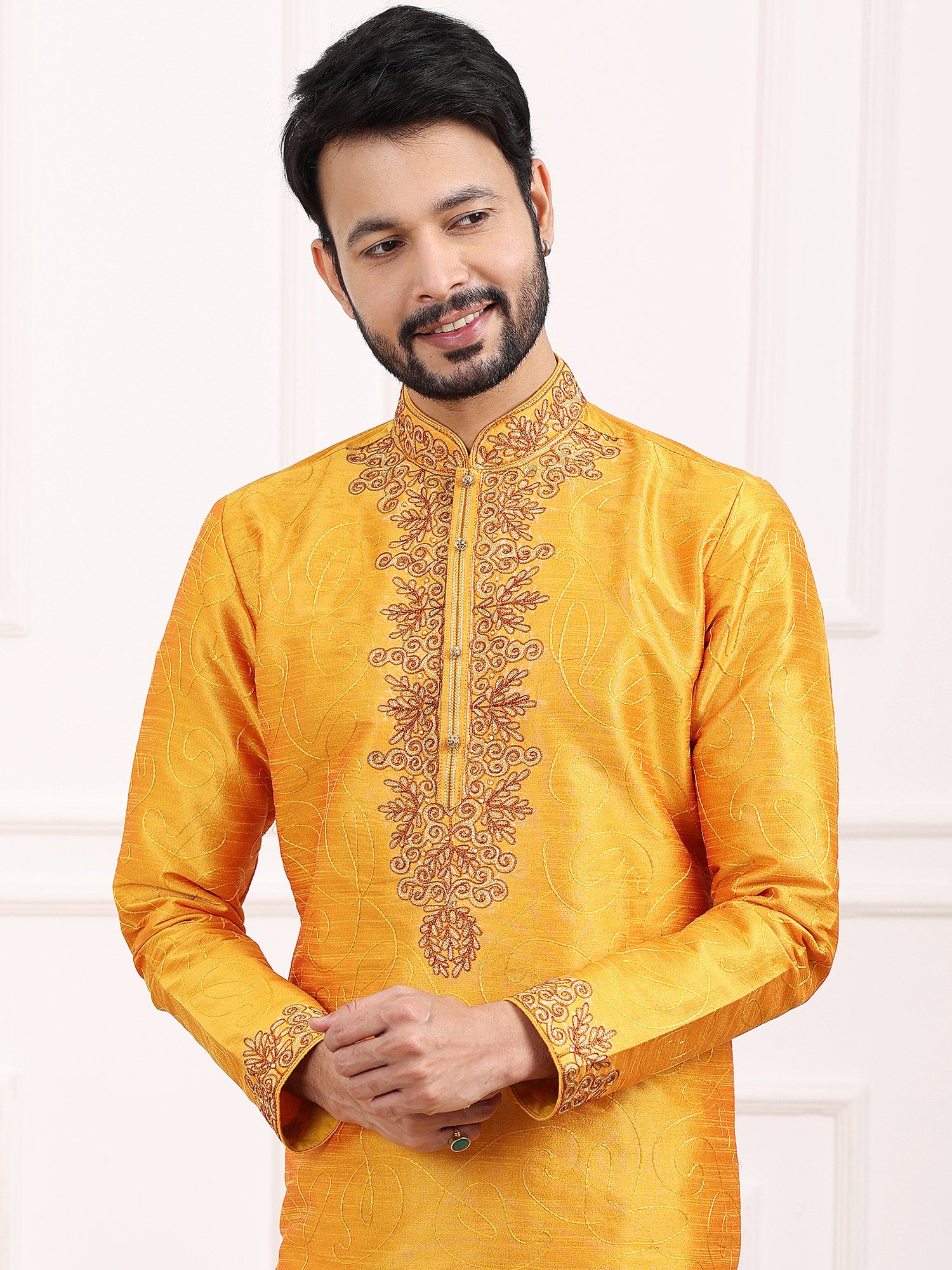 Yellow Color Mens Kurta Pyjama In Silk