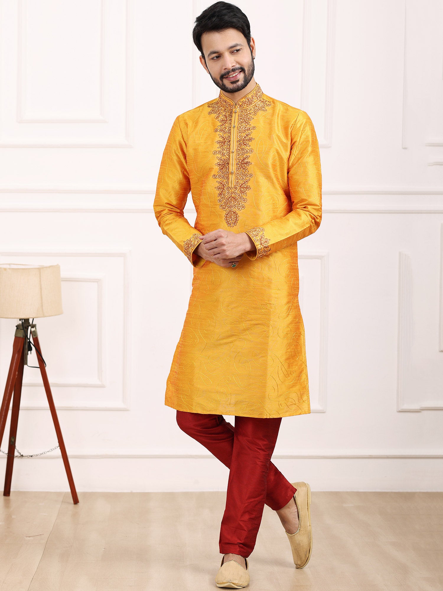 Yellow Color Mens Kurta Pyjama In Silk