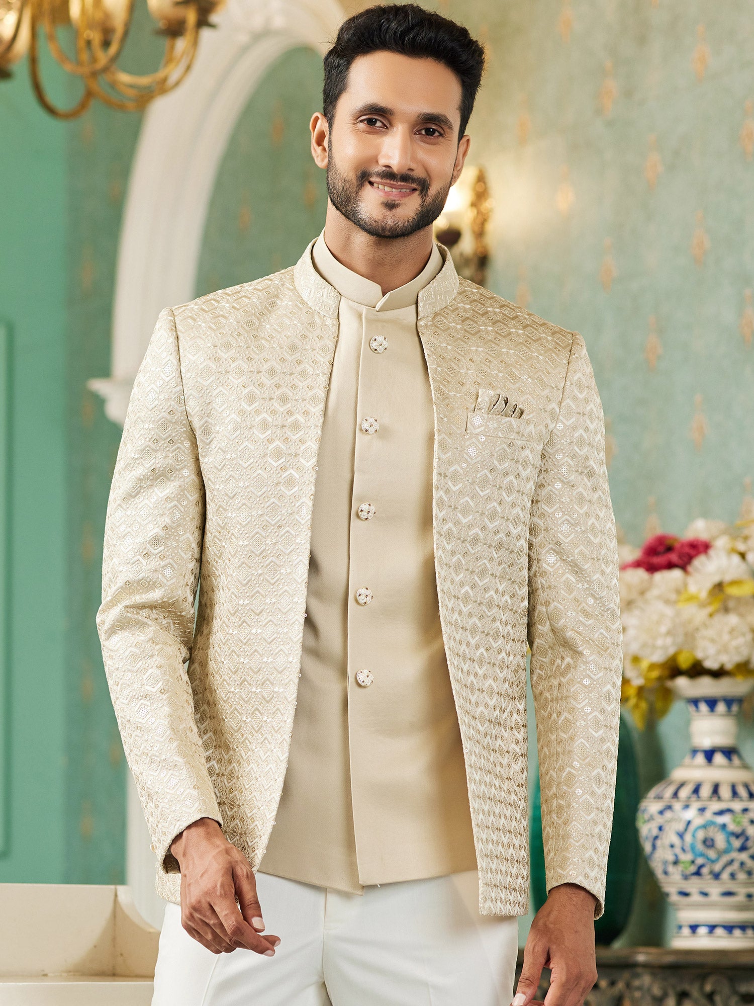 Beige Mens Jacket Style Bandhgala Suit