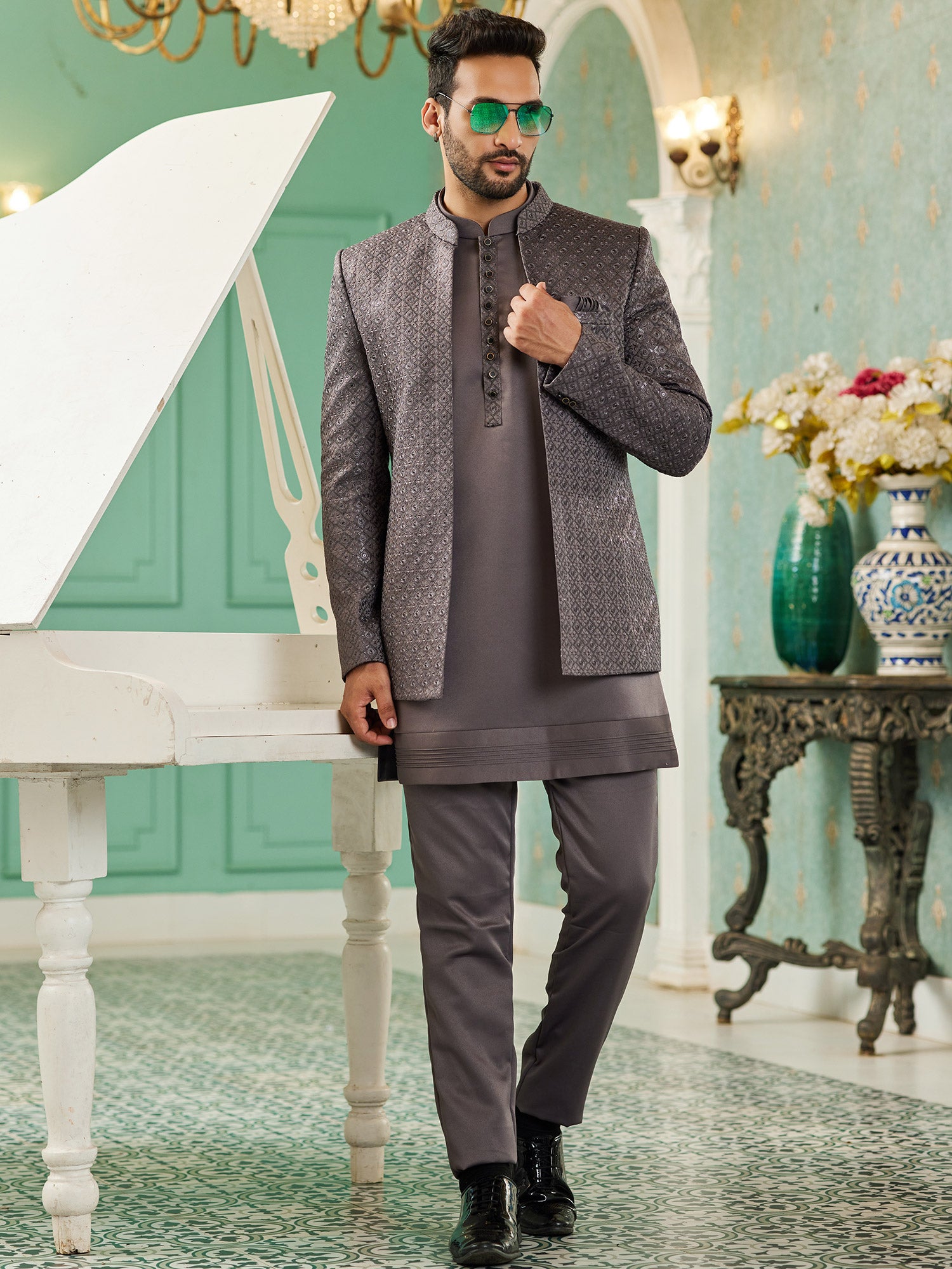 Grey Mens Jodhpuri Coat Set With Embroidered Jacket
