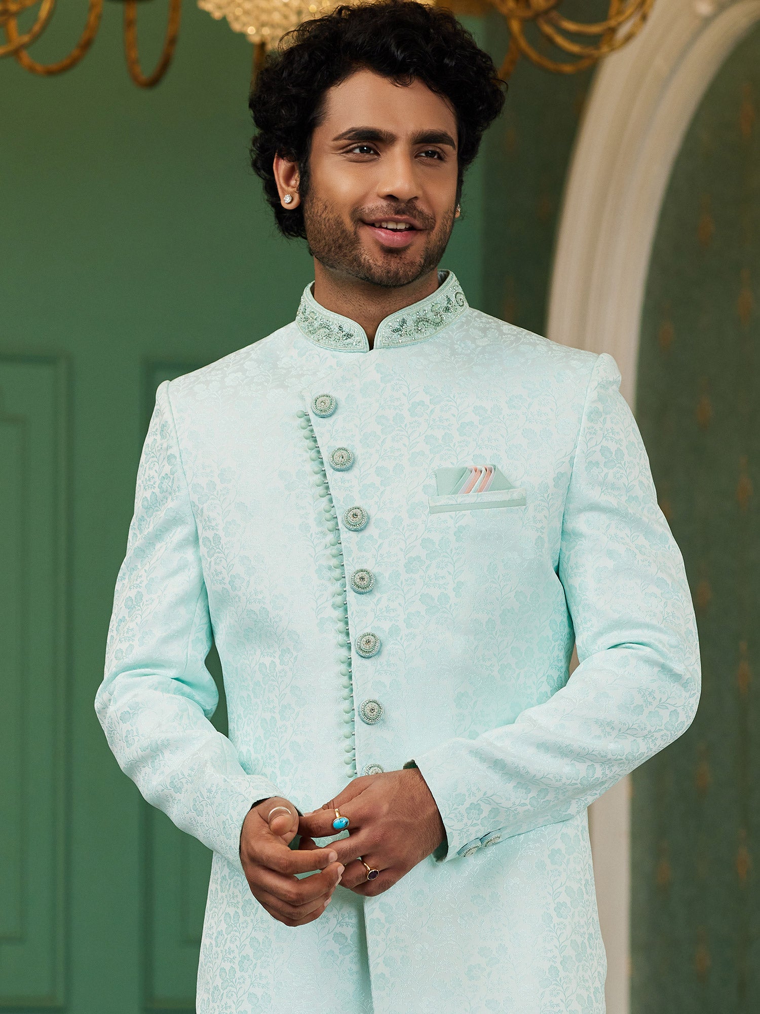 Sky Blue Mens Indowestern In Jacquard