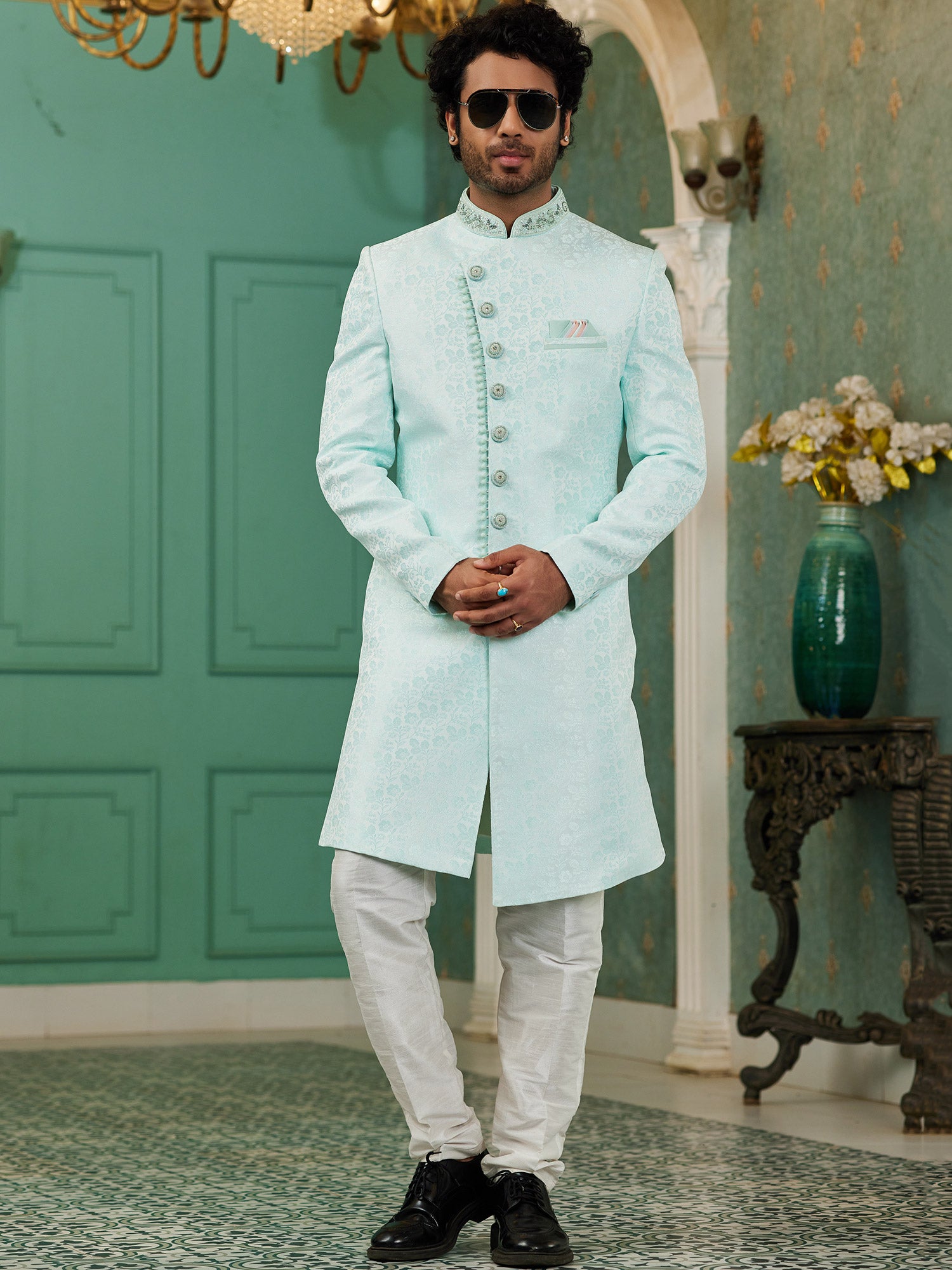 Sky Blue Mens Indowestern In Jacquard