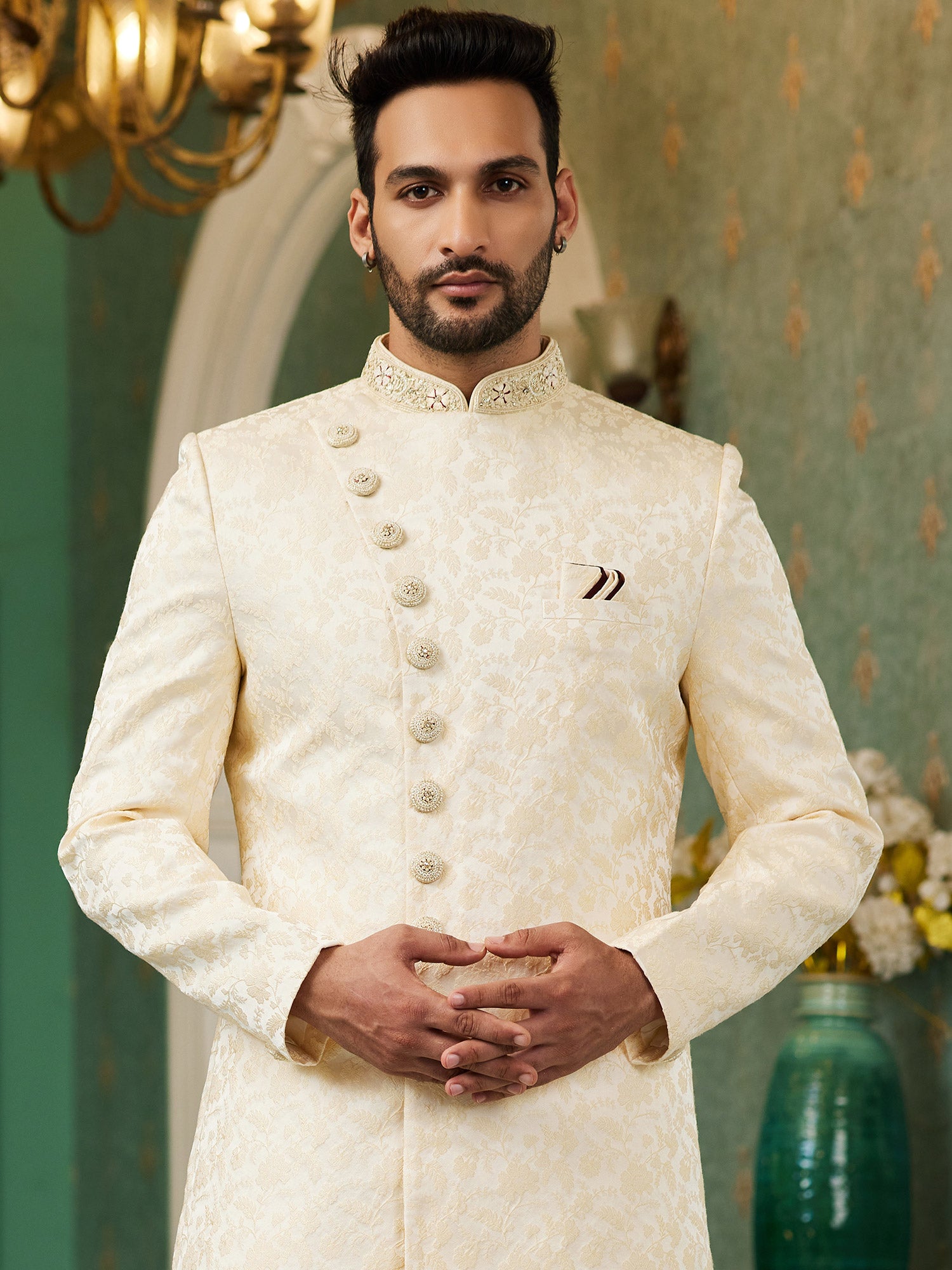 Off White Floral Weaving Mens Indo Western