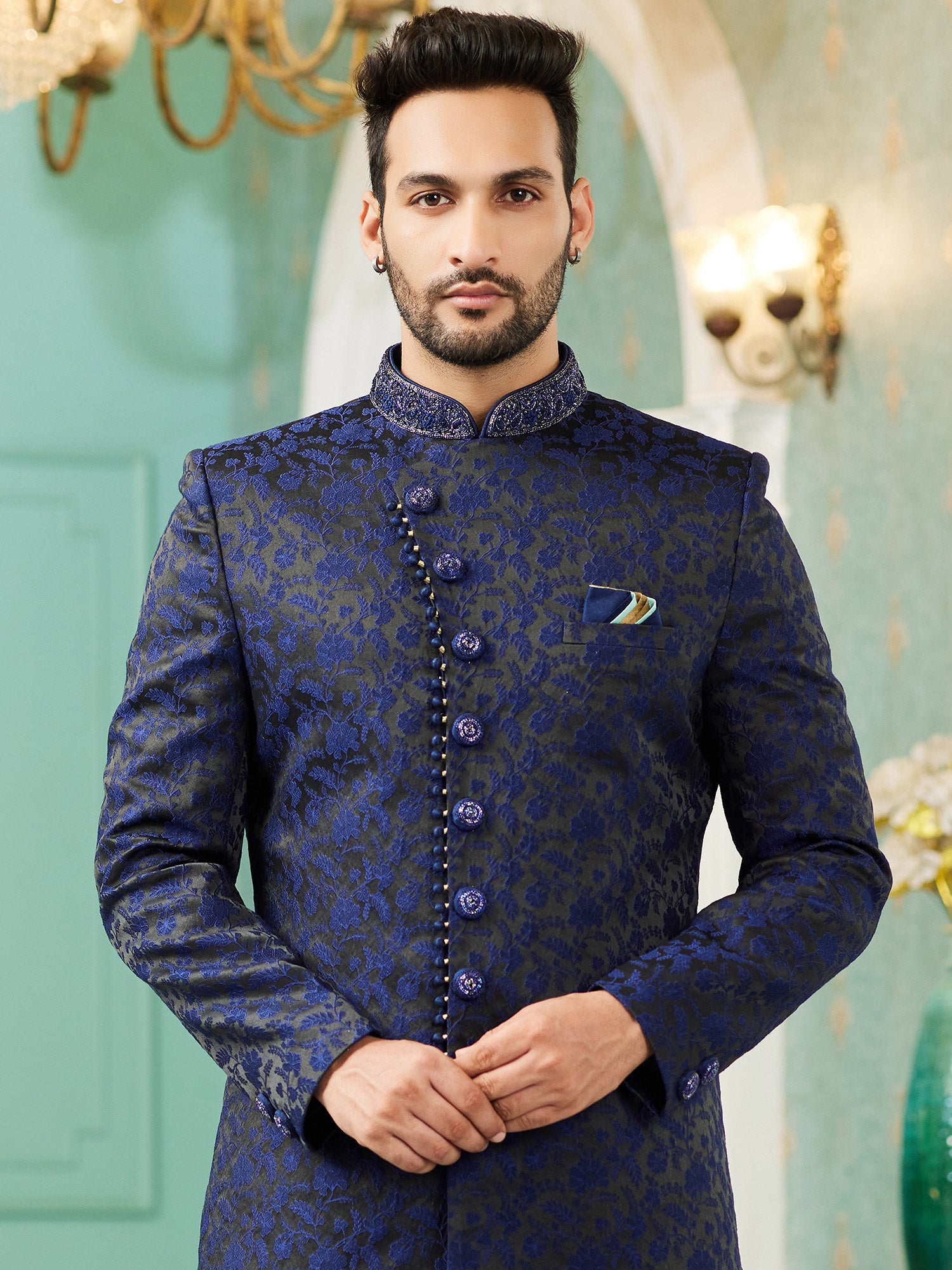 Navy Blue Jacquard Mens Indo Western