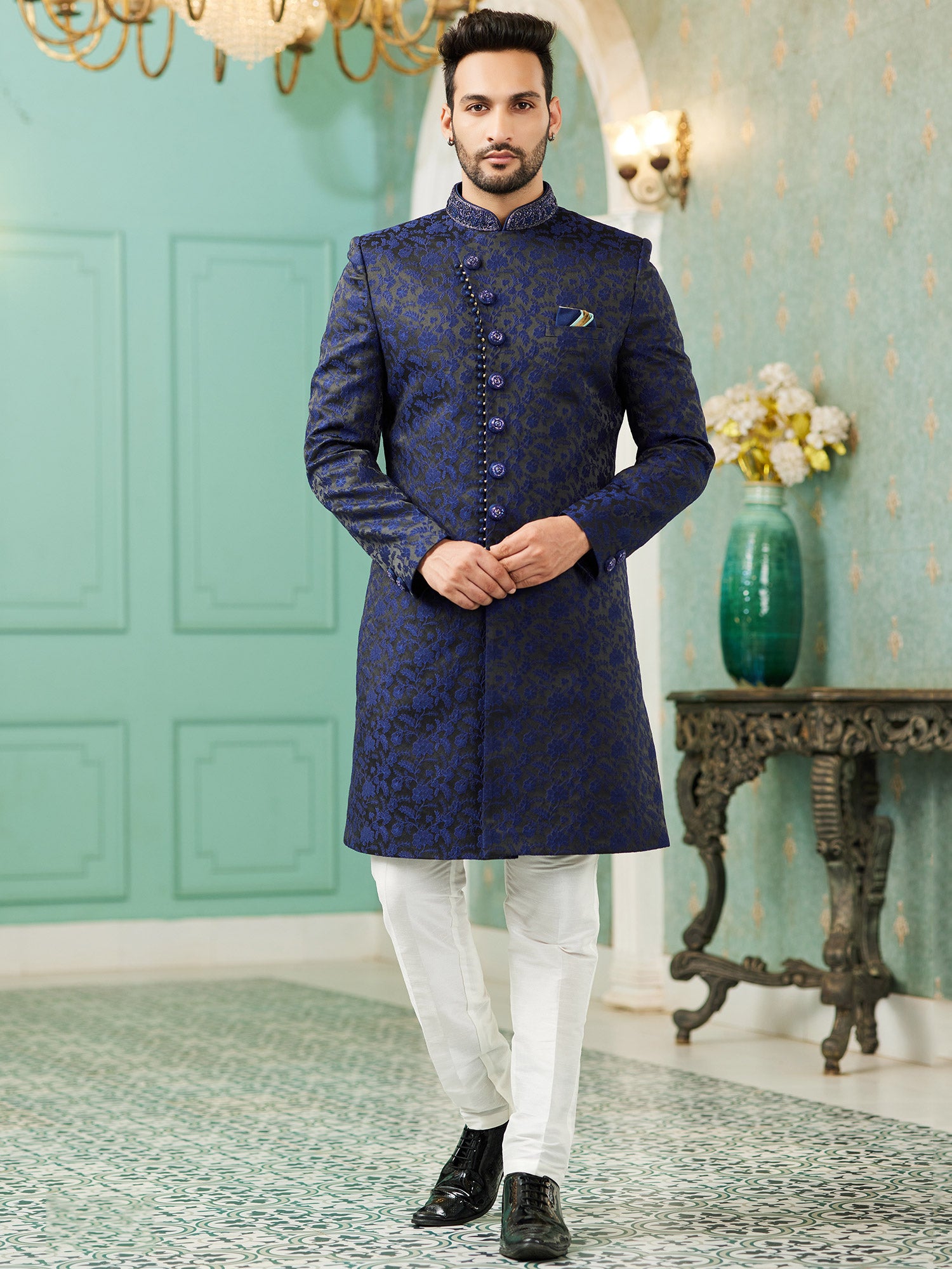 Navy Blue Jacquard Mens Indo Western