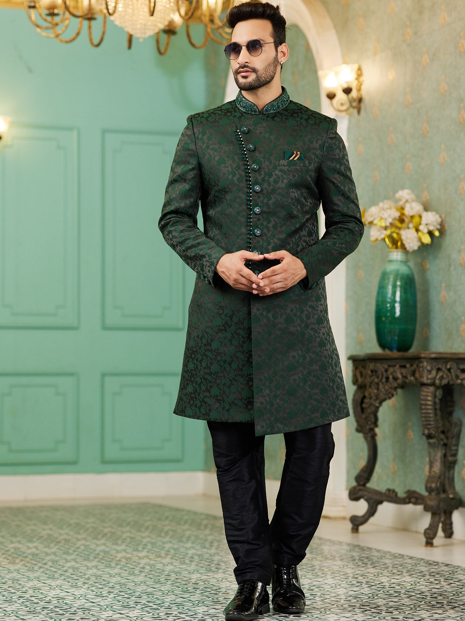 Dark Green Jacquard Fabric Mens Indowestern